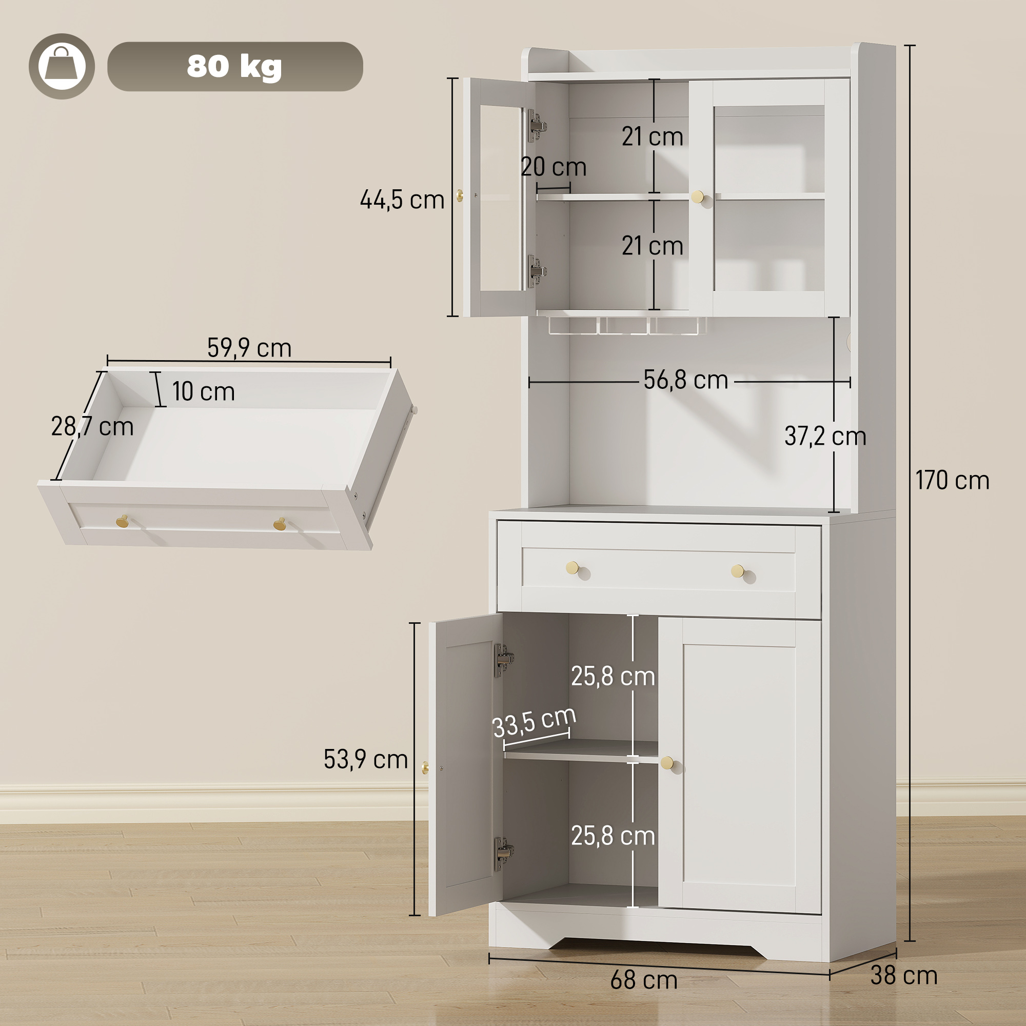 Küchenschrank mit Arbeitsfläche, Weinglashalter, Vorratsschrank für Küche, Esszimmer, 170 cm, MDF, Glas, Weiß