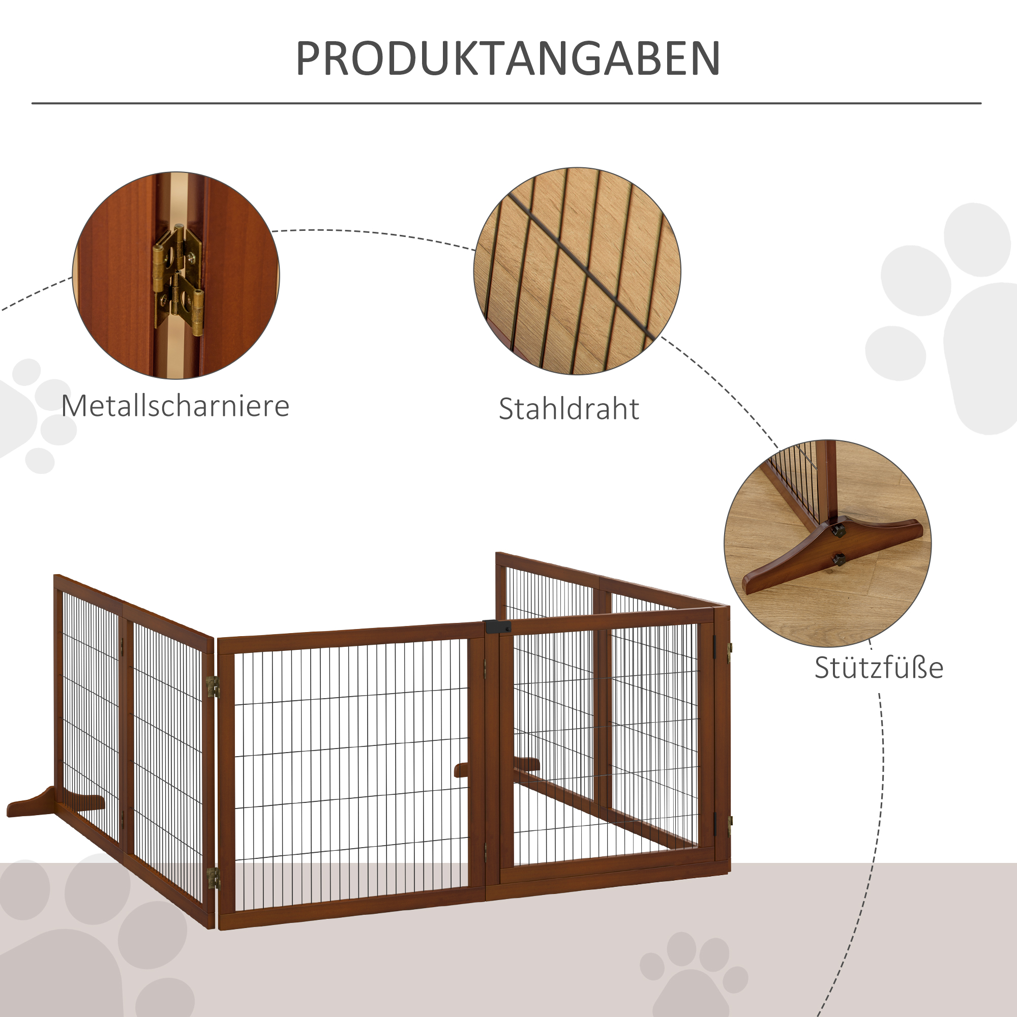 Absperrgitter für Hunde, klappbar, Kiefernholz, 432 x 36 x 70 cm, Kaffee