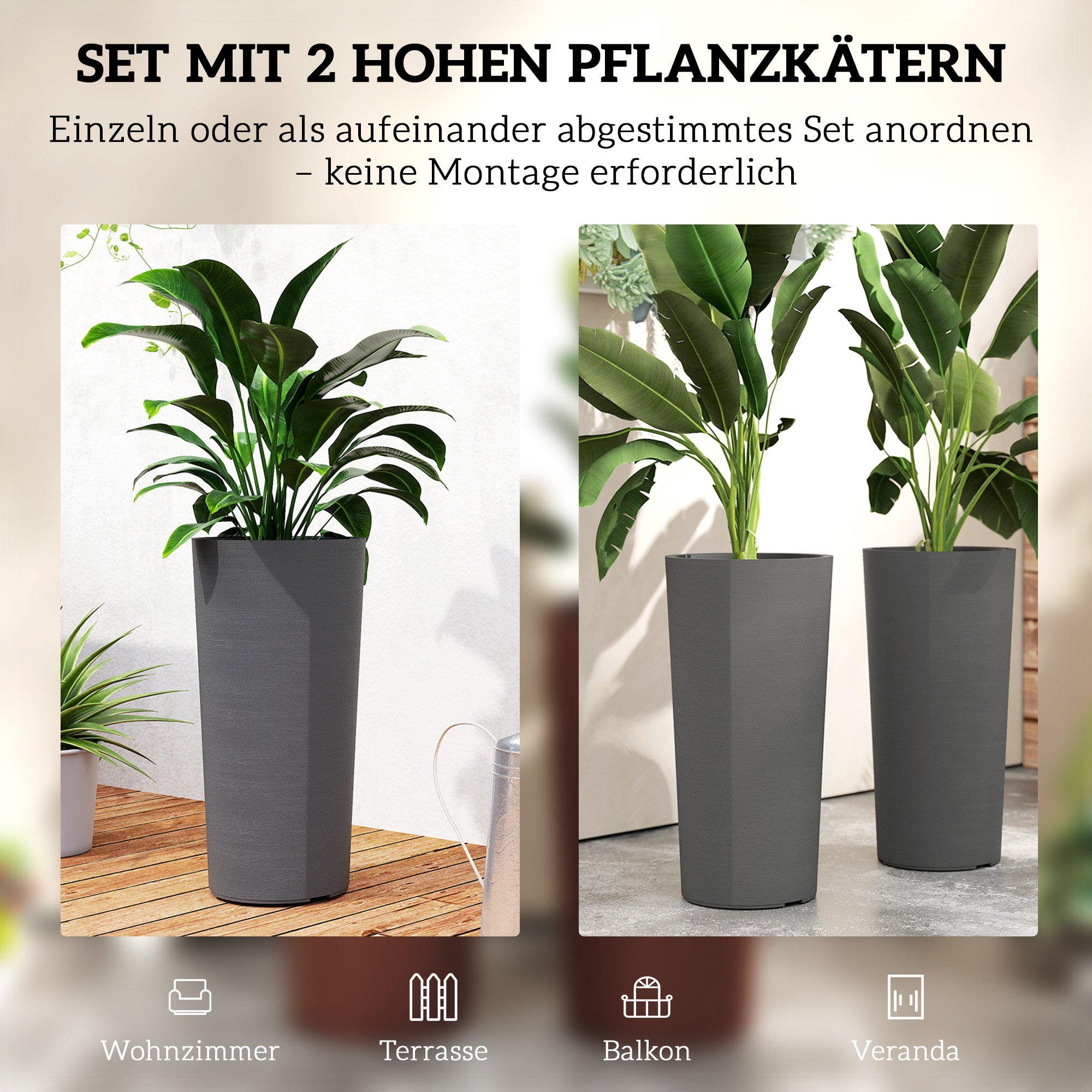 2er Set Blumentopf stapelbar Pflanzkübel mit Löcher 35x35 cm Pflanztöpfe Rund Dunkelgrau