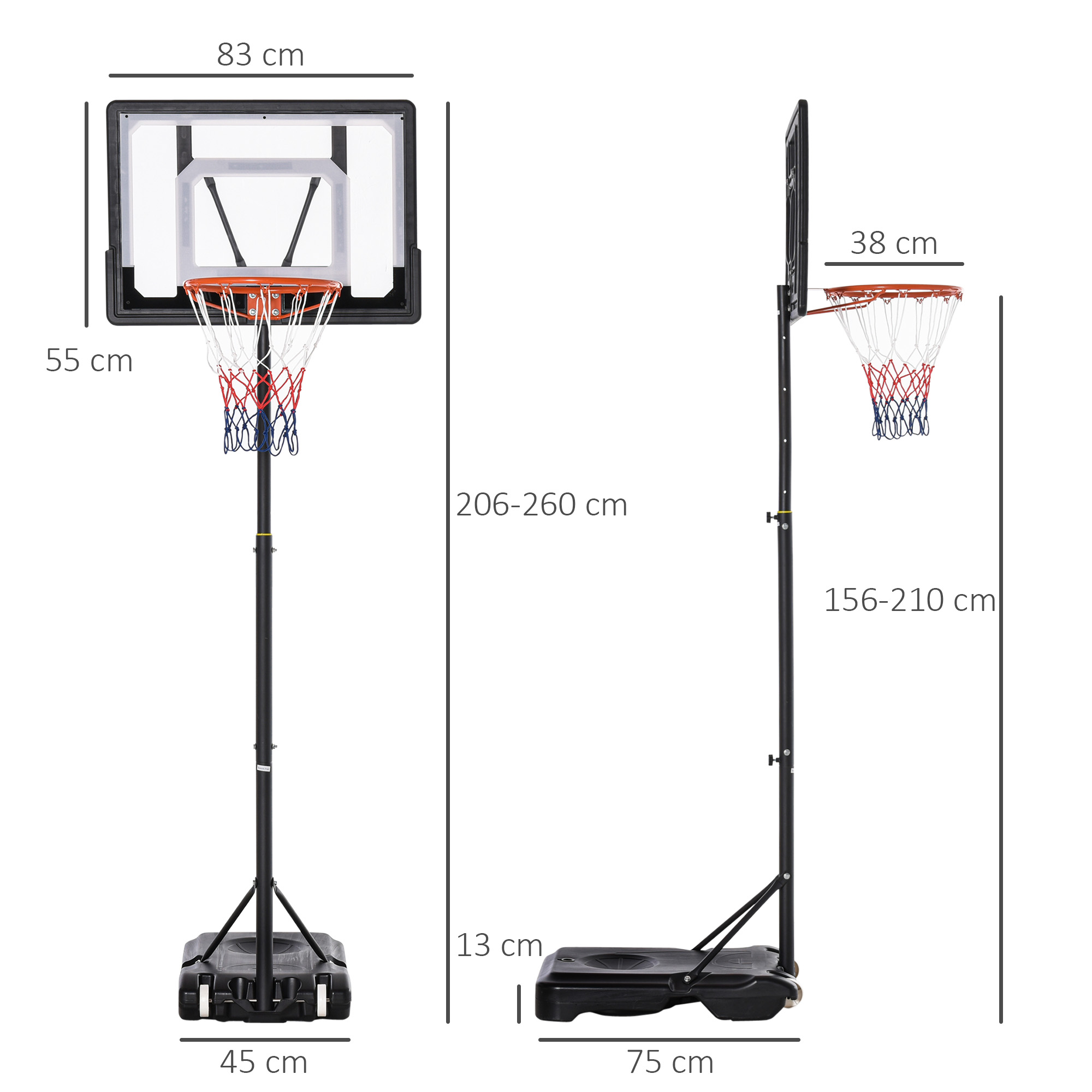 Basketballständer mit Rollen 83x55cm Rückwand, Mobiler Basketballkorb mit Ständer, verstellbare Korbhöhe 156 bis 210 cm, Basketballanlage für Kinder Jugendliche, fürs Außenbereich