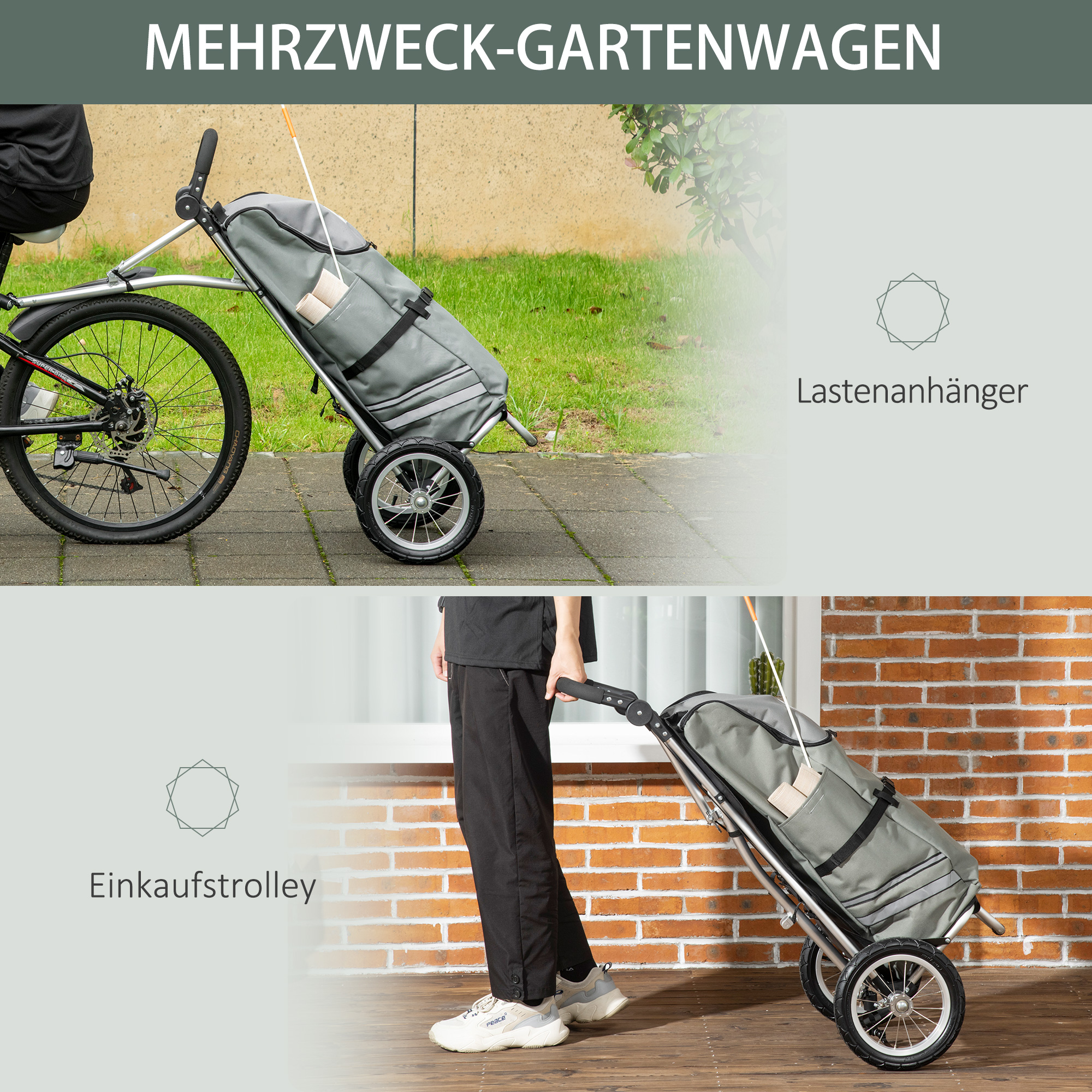 3-in-1 Einkaufstrolley Einkaufswagen Fahrradanhänger Sackkarre, 53 x 43 x 110cm , Grau+Silber