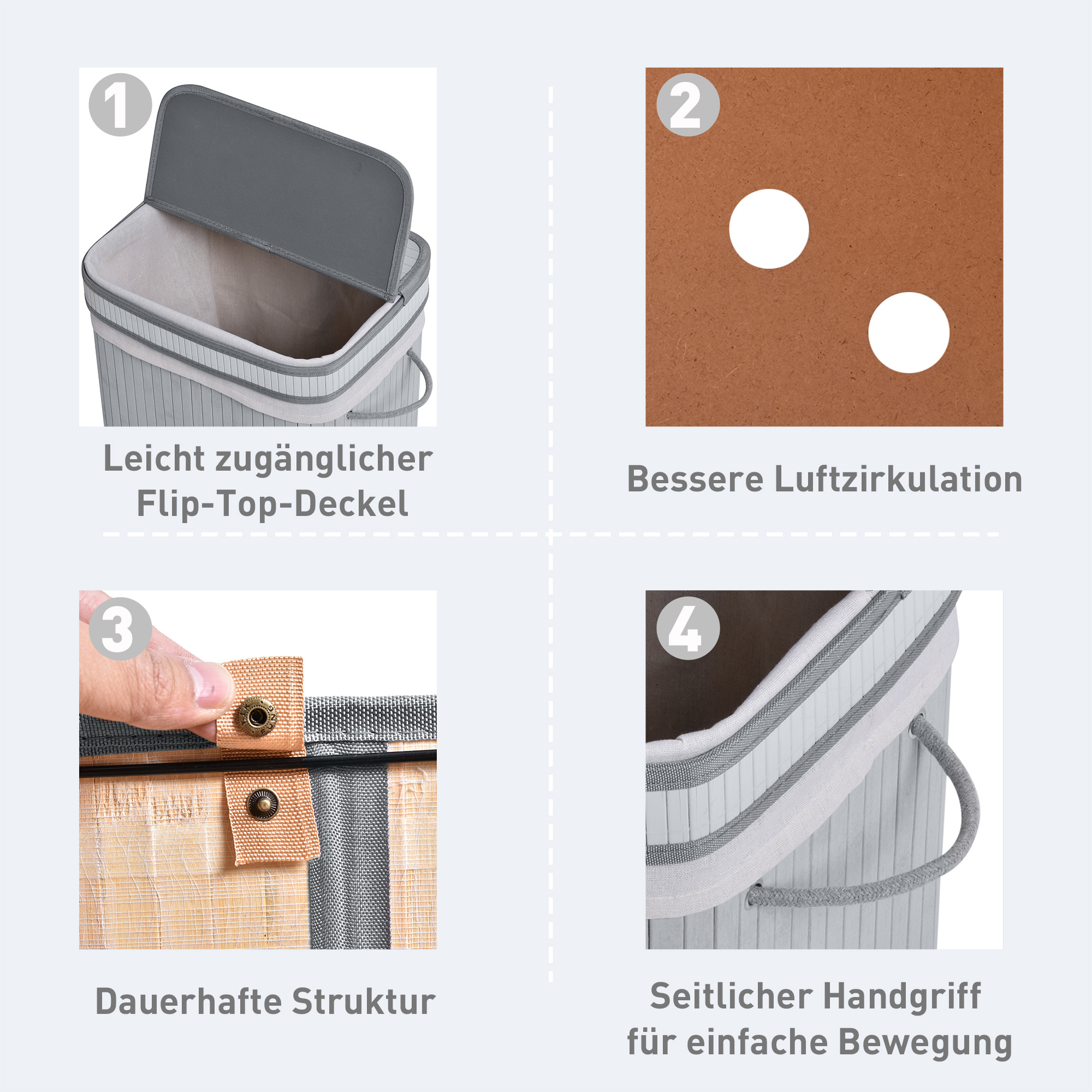 Wäschekorb, 70 L Wäschesammler mit Deckel, herausnehmbarer Innenfutter, Wäschebox für Badezimmer, 40 x 30 x 60 cm, Grau