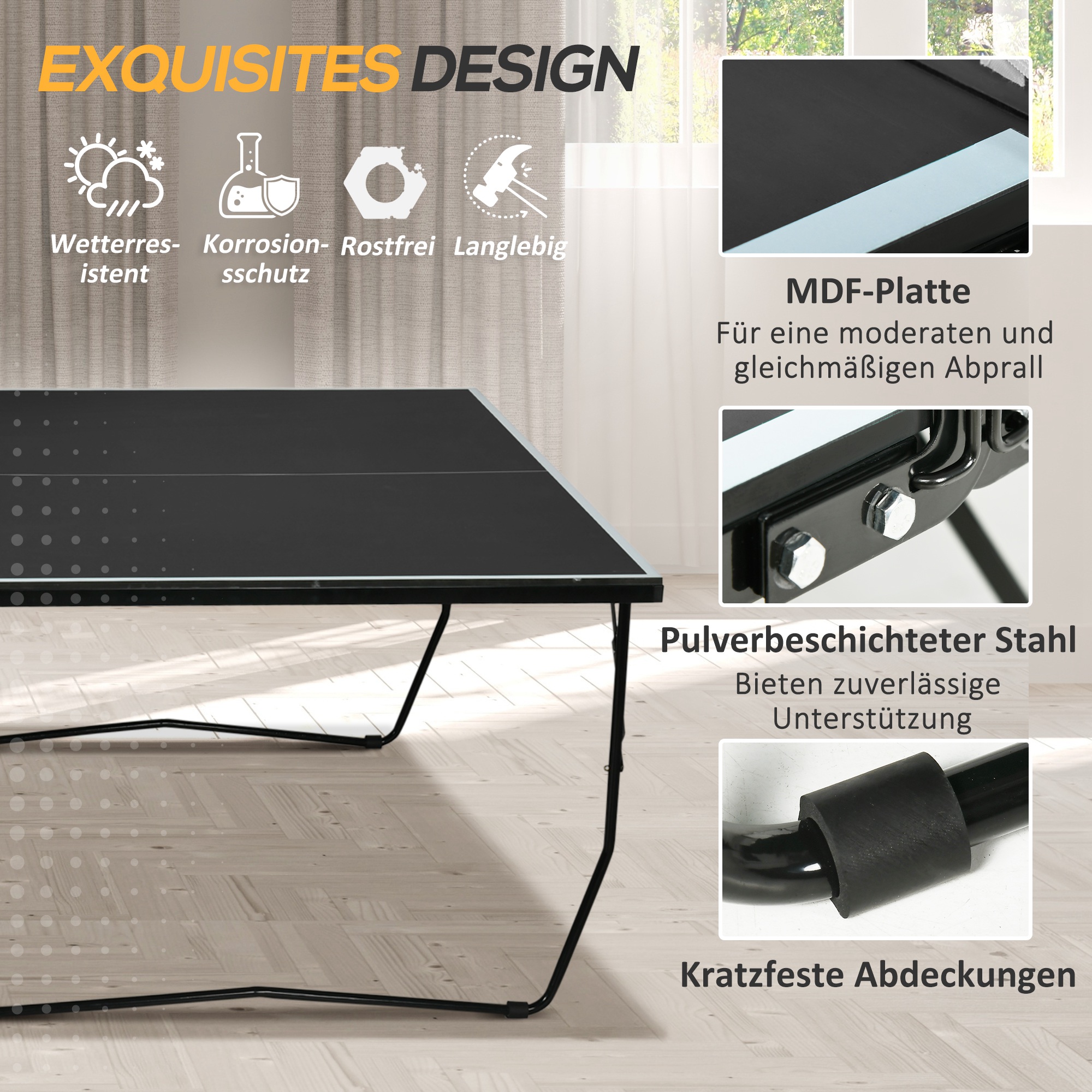 Tischtennisplatte, klappbar, 8 Räder, pulverbeschichteter Stahlrahmen, MDF, 274 x 152,5 x 76 cm, Schwarz