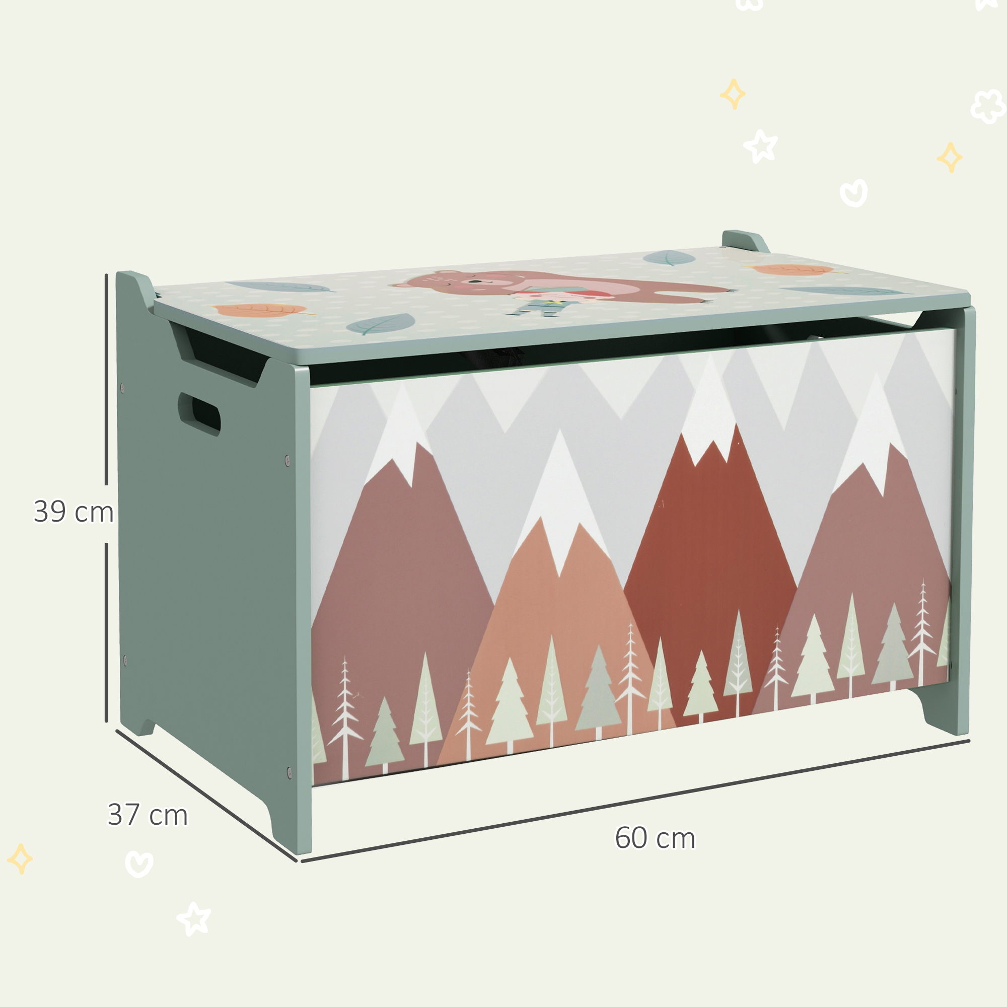 Aufbewahrungskiste, Spielzeugtruhe, Klappdeckel, niedliches Motiv, Grün