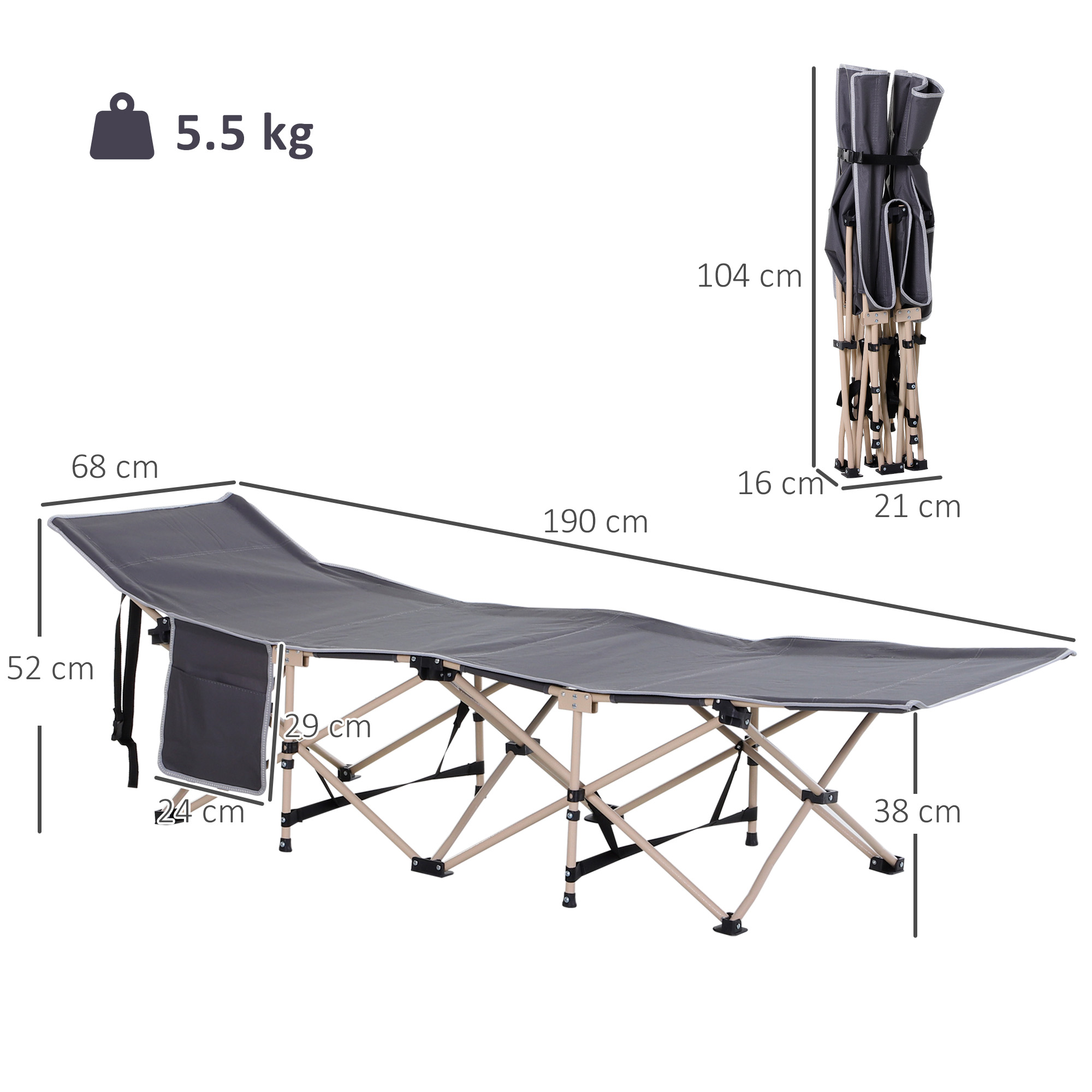 Feldbett, Campingbett, klappbar, wetterbeständig, ink, Tragetasche, 190 x 68 x 52 cm, Grau