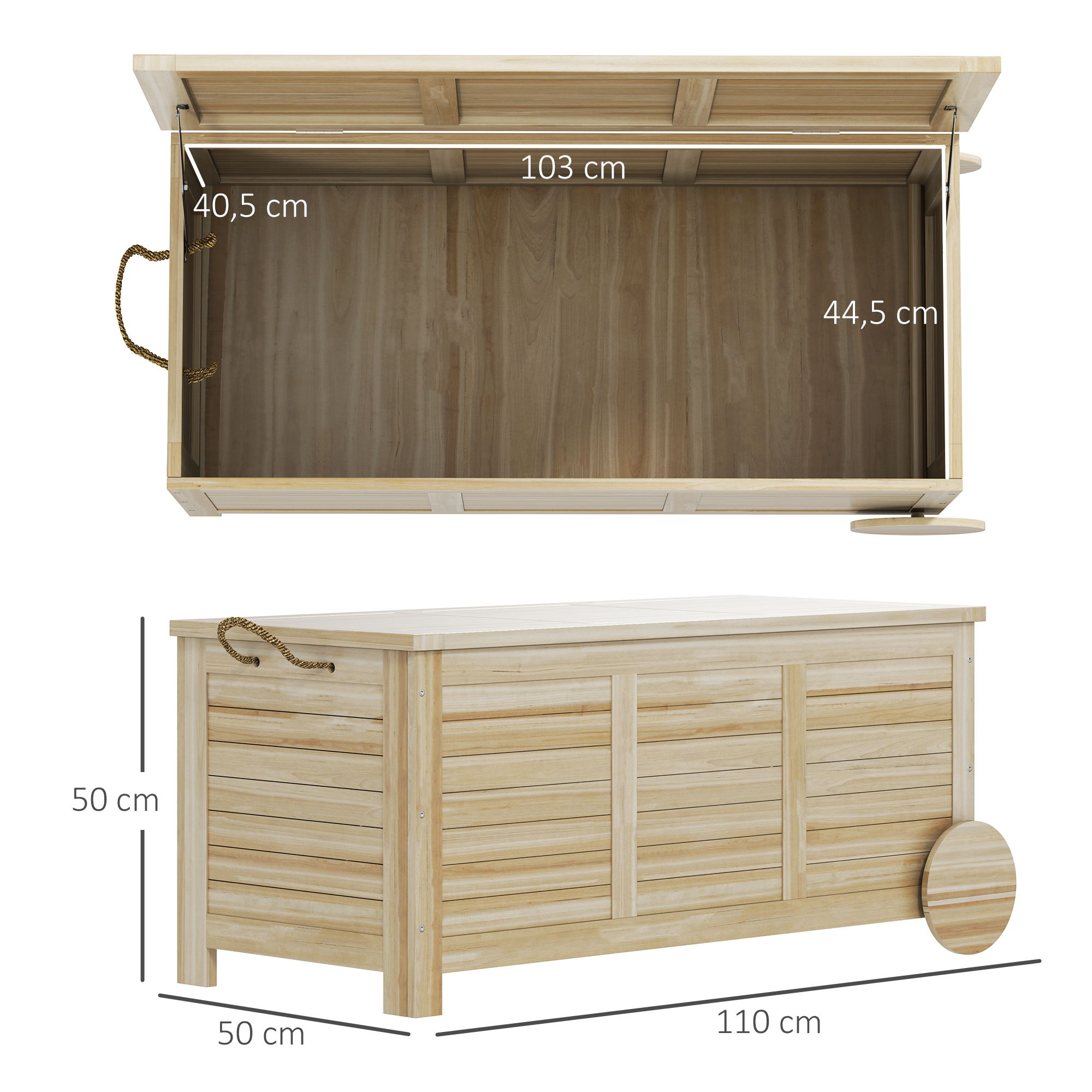 185 L Außenlagerbox, Lagerkiste mit Rädern, wetterbeständig, Tannenholz, 110 x 50 x 50 cm, Hellbraun