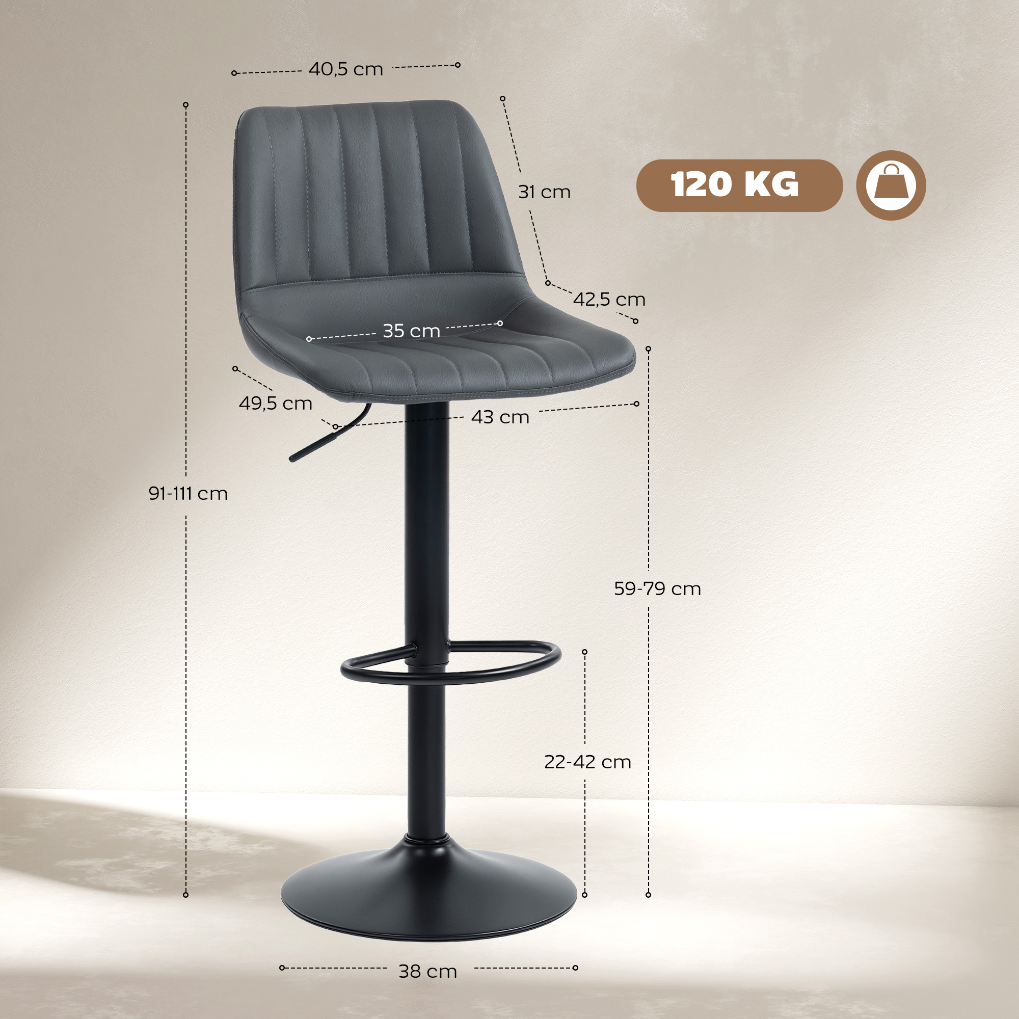 Barhocker 2er-Set im Retrodesign, mit Fußstütze, höhenverstellbar, 43 cm x49,5 cm x 111 cm