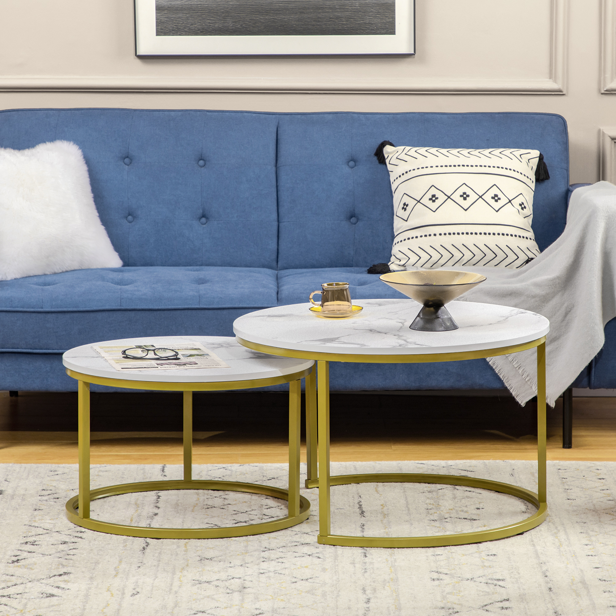 Beistelltisch-Set, 2 Satztische, Ø74 & Ø59 cm, Marmoroptik, Rahmen in Gold