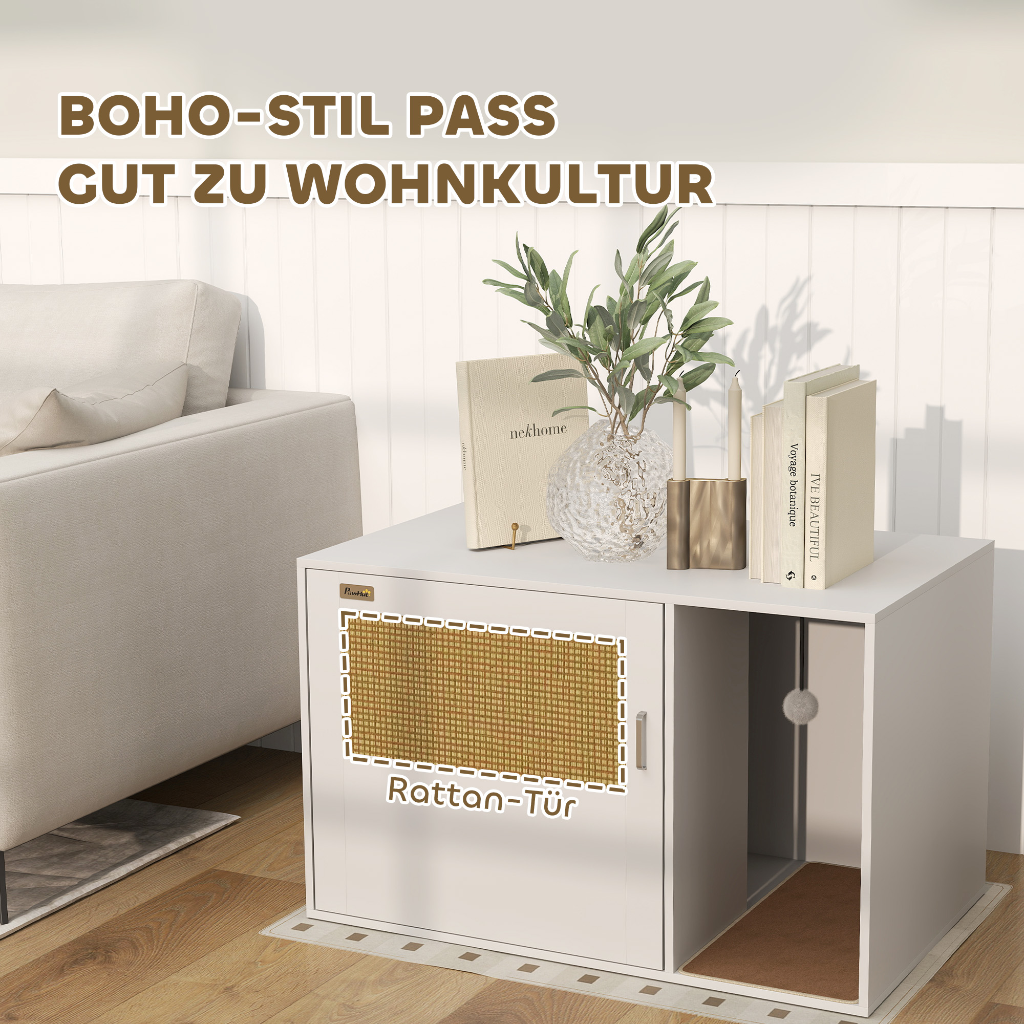 Katzenklo-Gehäuse, stilvoll, mit Kratzmatte, Rattantür, 80 x 50 x 50 cm, Weiß