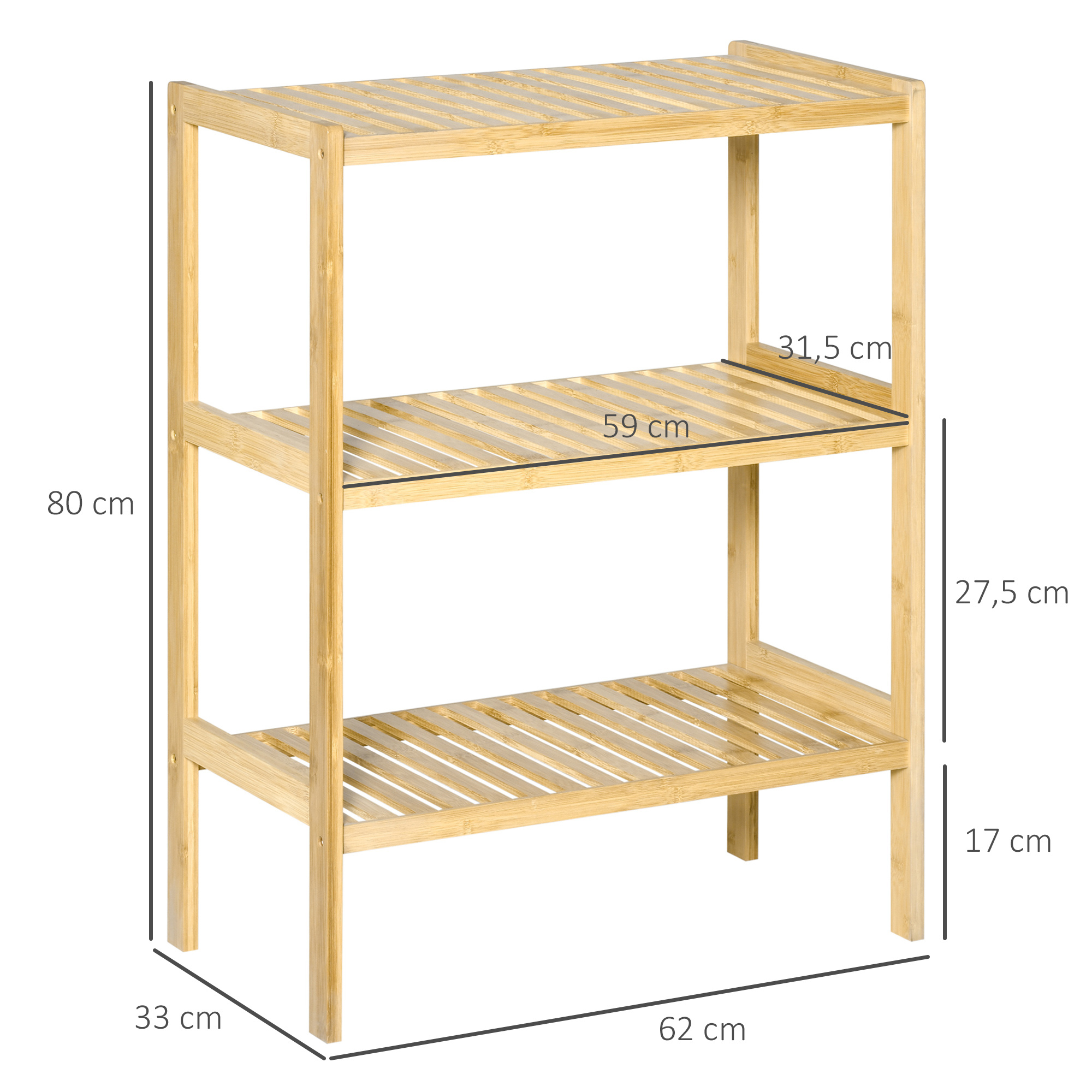 Regal Bambusregal 3 Regalböden, Bambus  62 cm x 33 cm x 80 cm, Natur