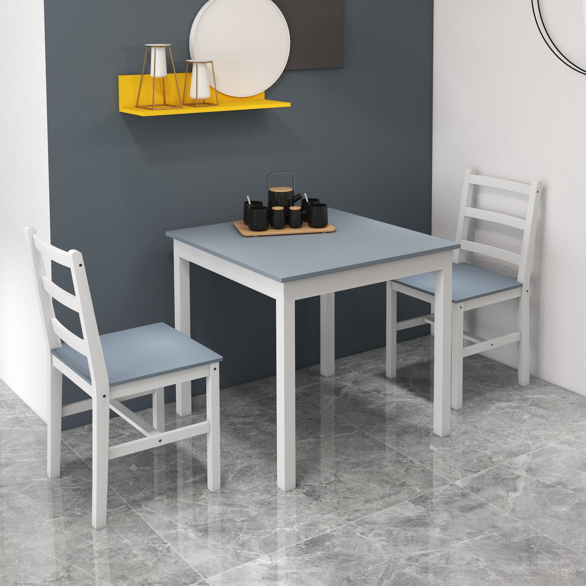 Essgruppe für 2 Personen, 2 Stühle, 1 Tisch, Kiefernholz, Weiß + Grau
