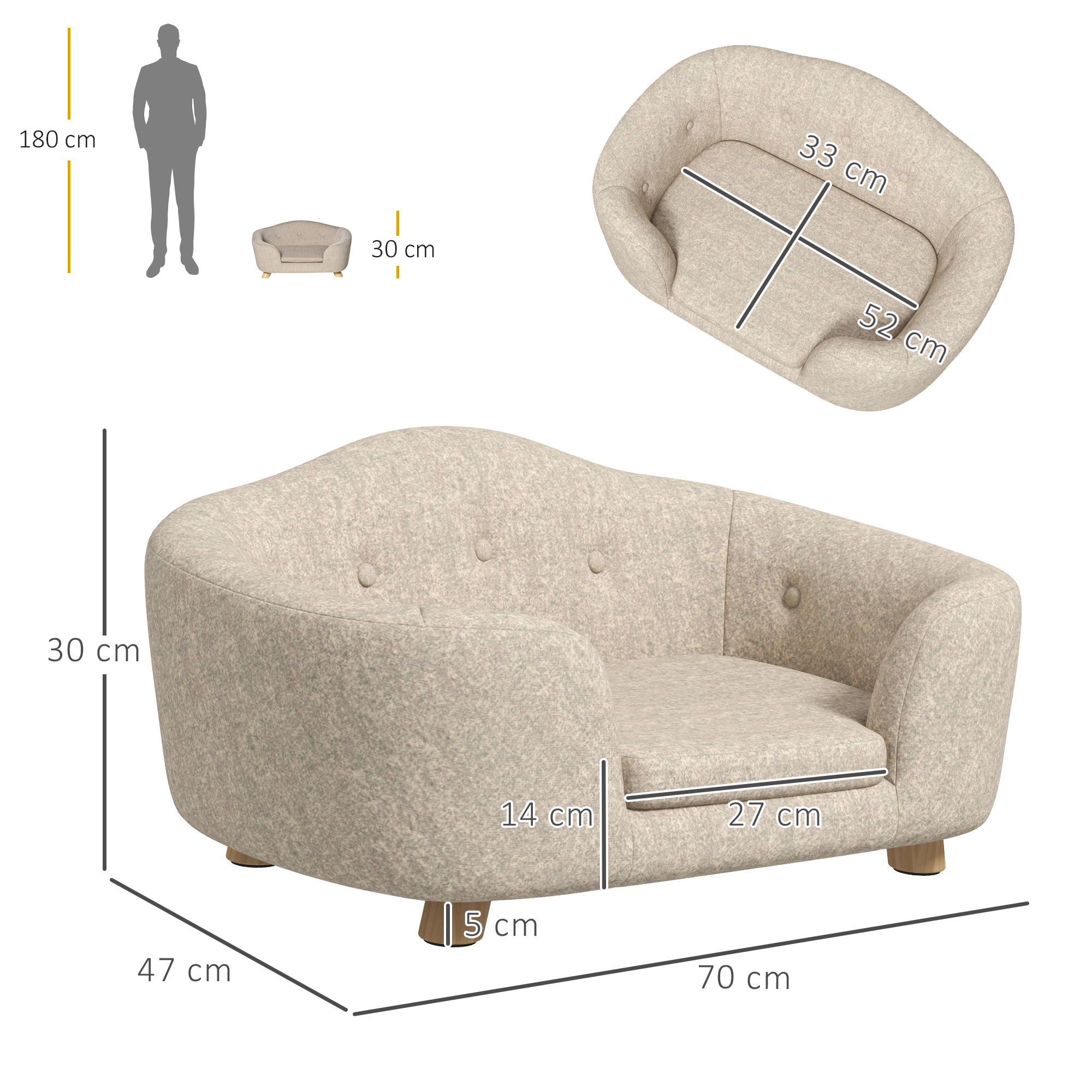 Haustiersofa Hundematte Hundebett Hundesofa Hundecouch Katzen Sofa mit Kissen Rückentasche Plüsch Schaumstoff Kiefernholz Cremeweiß 70 x 47 x 30 cm