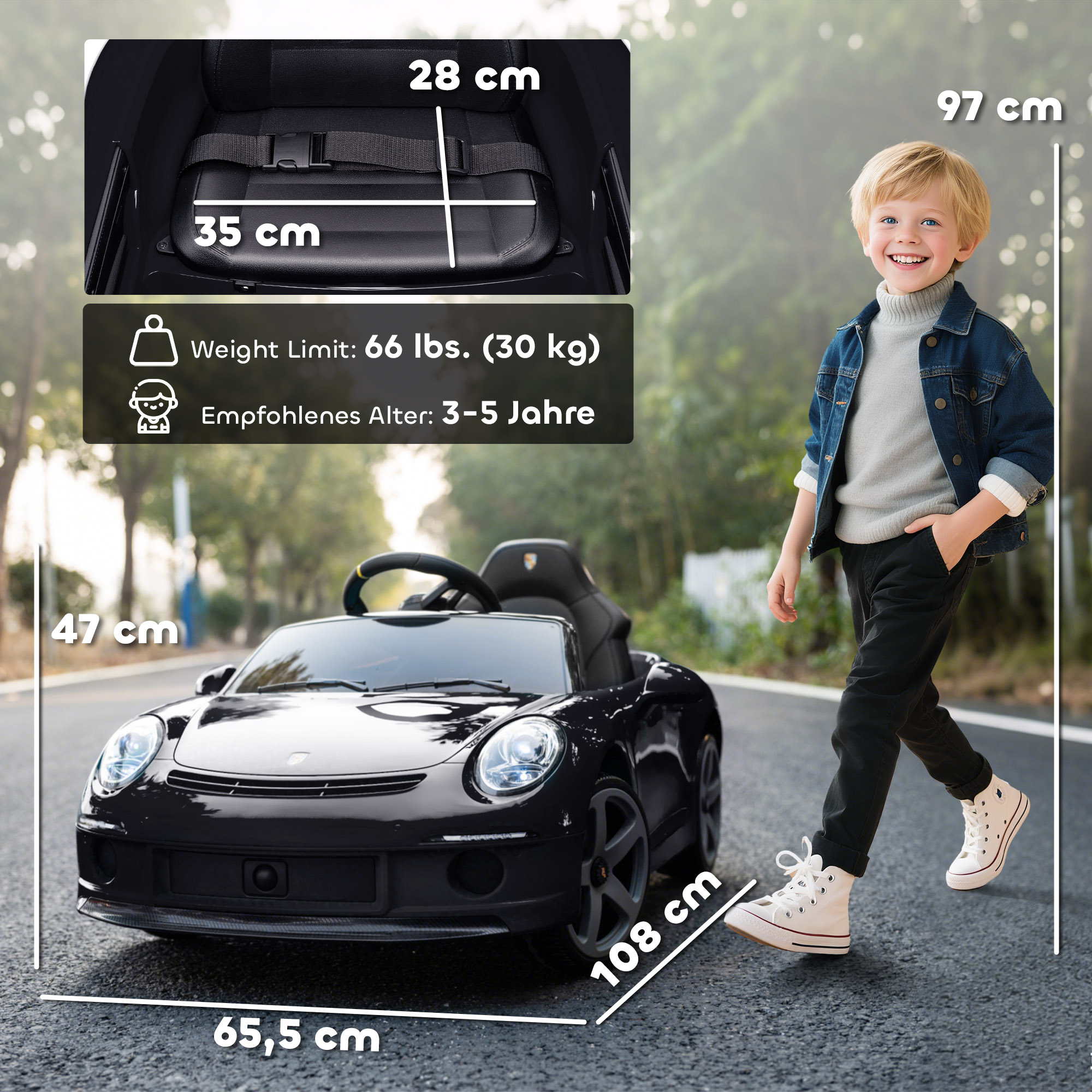 Elektrisches Aufsitzauto für Kinder, fernsteuerbar, Musik, Hupe, USB, Sicherheitsgurt, für 3-5 Jahre, Schwarz