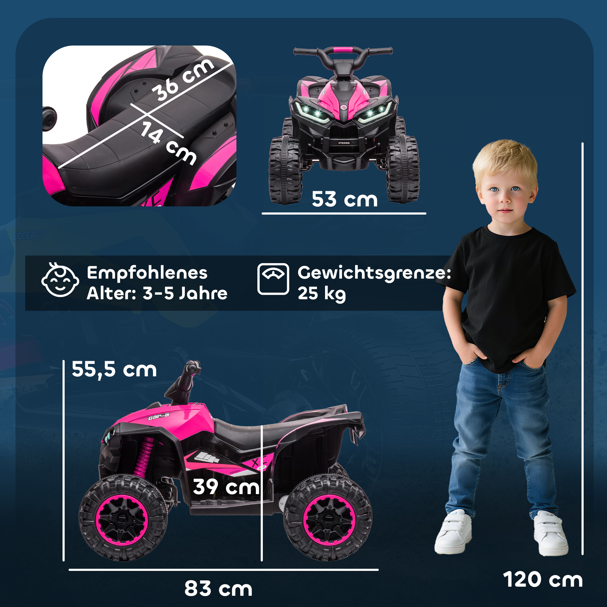 Kinderquad, 3-6 km/h, Licht/Musik, für 3-5 Jahre, bis 25kg, Rosa/Schwarz
