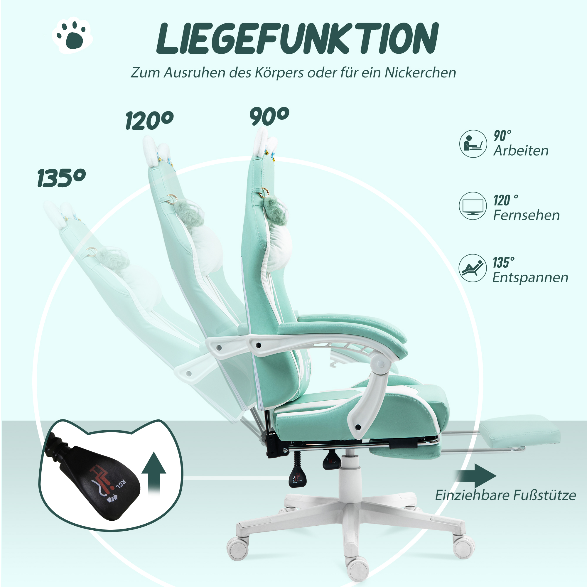 Gaming-Sessel mit Katzenohren, neigbare Lehne, ausziehbare Fußstütze, bis 120 kg belastbar, Seeblau