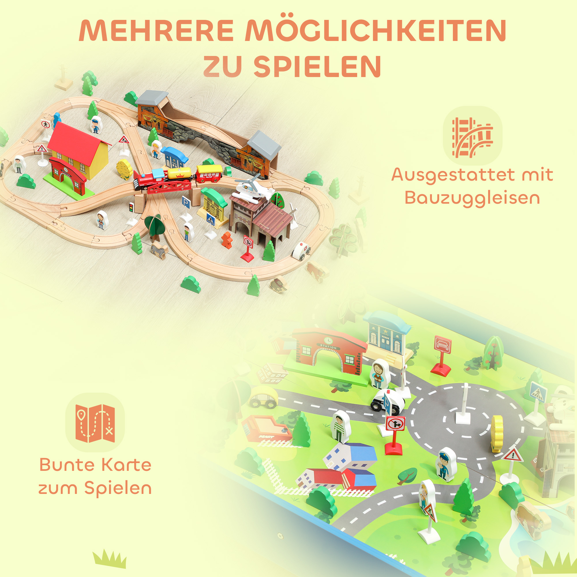 Spieltisch, 108-teiliges Eisenbahn-Set aus Holz, mit abnehmbarer Tischplatte, Eisenbahntisch, 98x60,5x40 cm, Blau