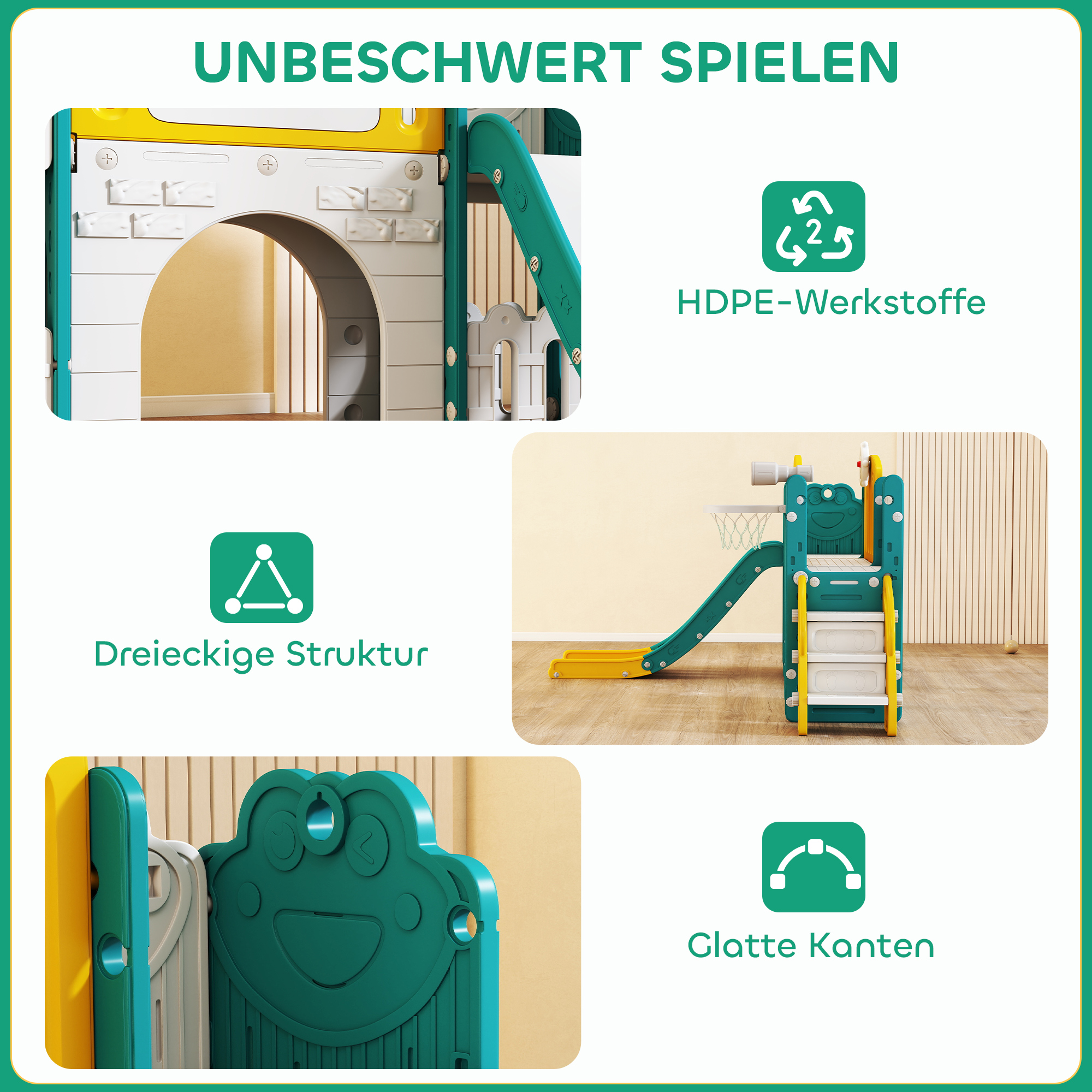 7-in-1 Rutschenset für Kleinkinder, Basketballkorb, Froschdesign, Klettergerüst, Schaukelsitz, für drinnen und draußen, Gelb+Grün