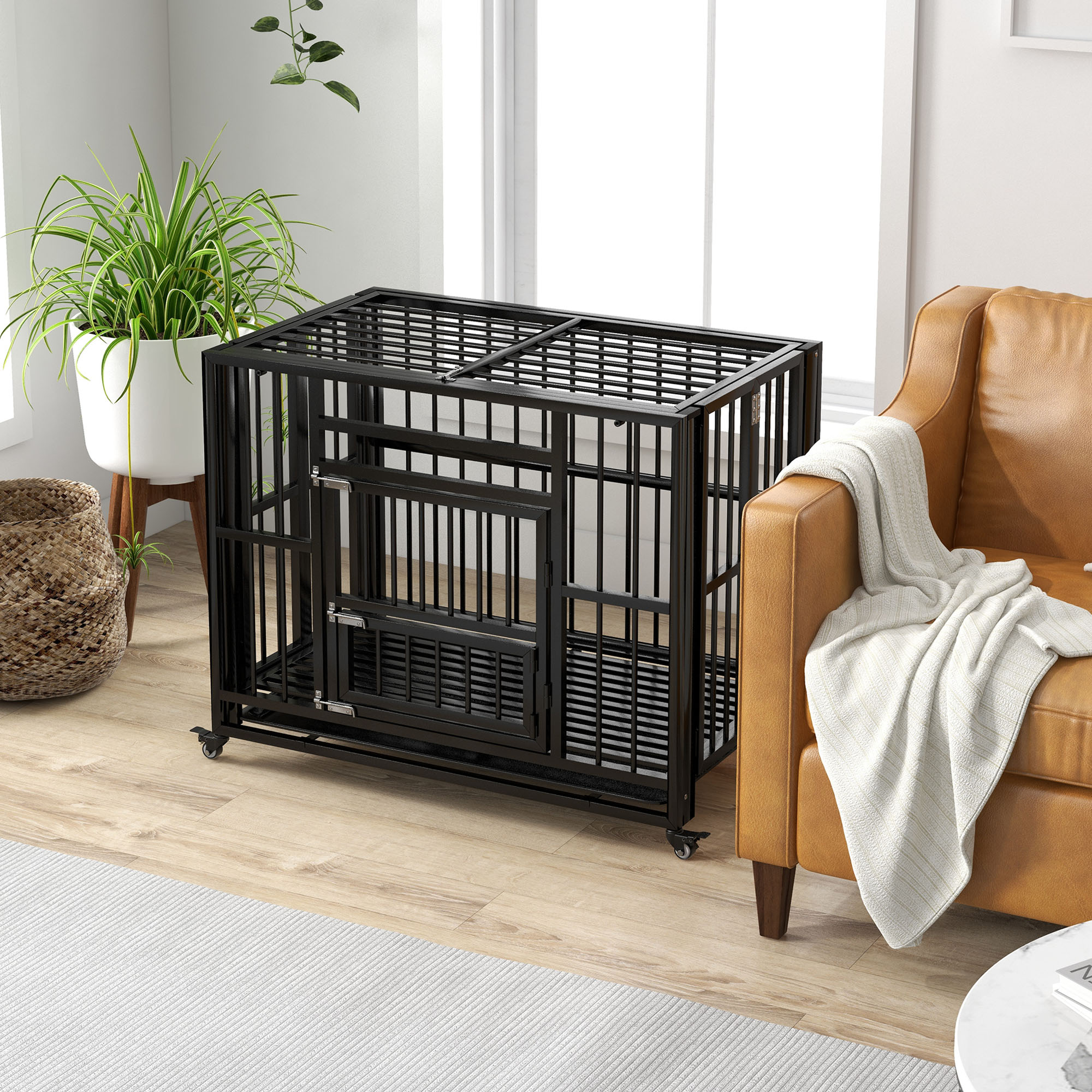Hundebox Hundekäfig, inkl, Bodenwanne, Verriegelung, Universalrollen, 94 cm x 58 cm x 78 cm, Schwarz