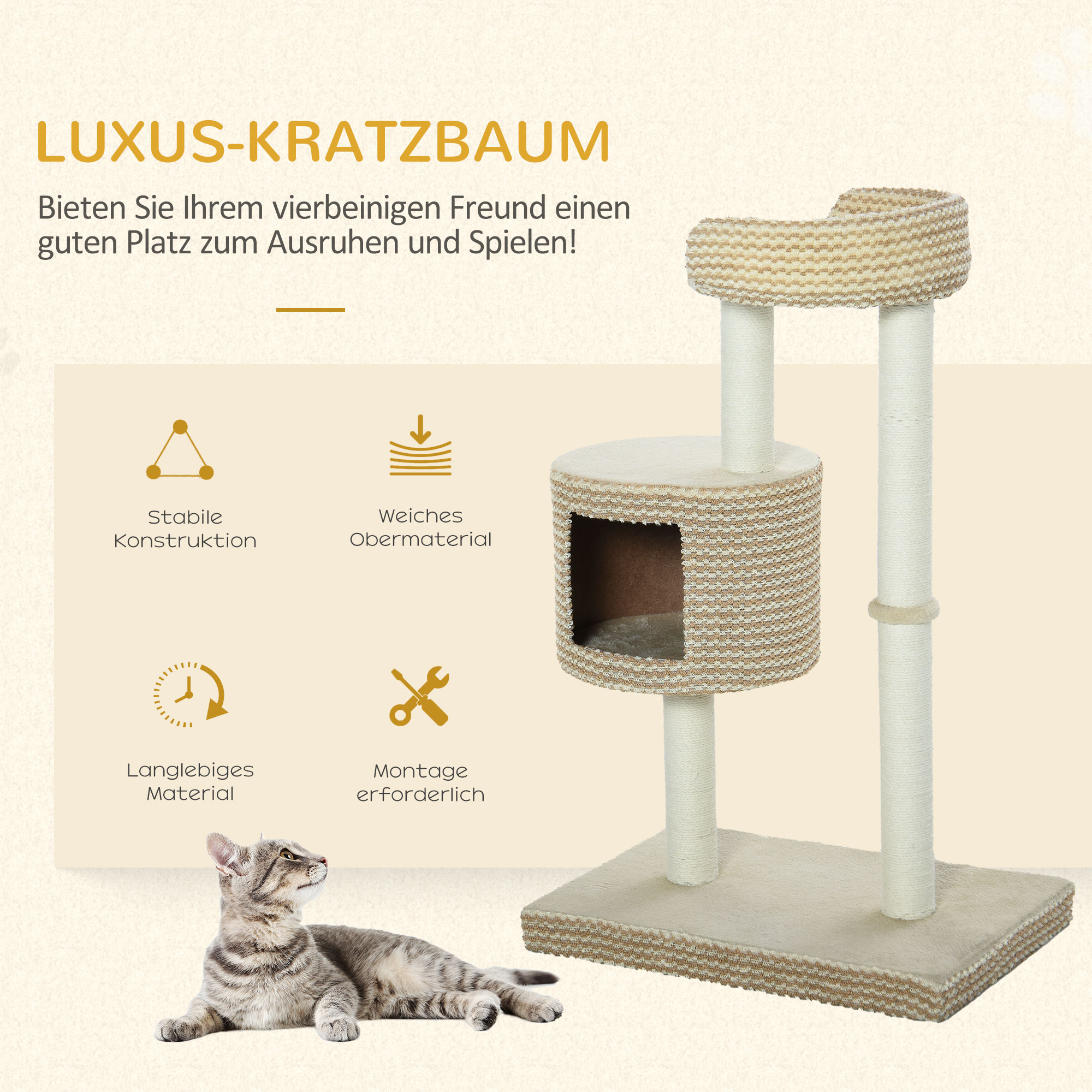 Katzenbaum Kratzbaum Kletterbaum Katzenkratzbaum, kuschelige Aussichtsplattformen, beige und kaffee, Spanplatte, Plüsch, Jute, 61x41x96 cm
