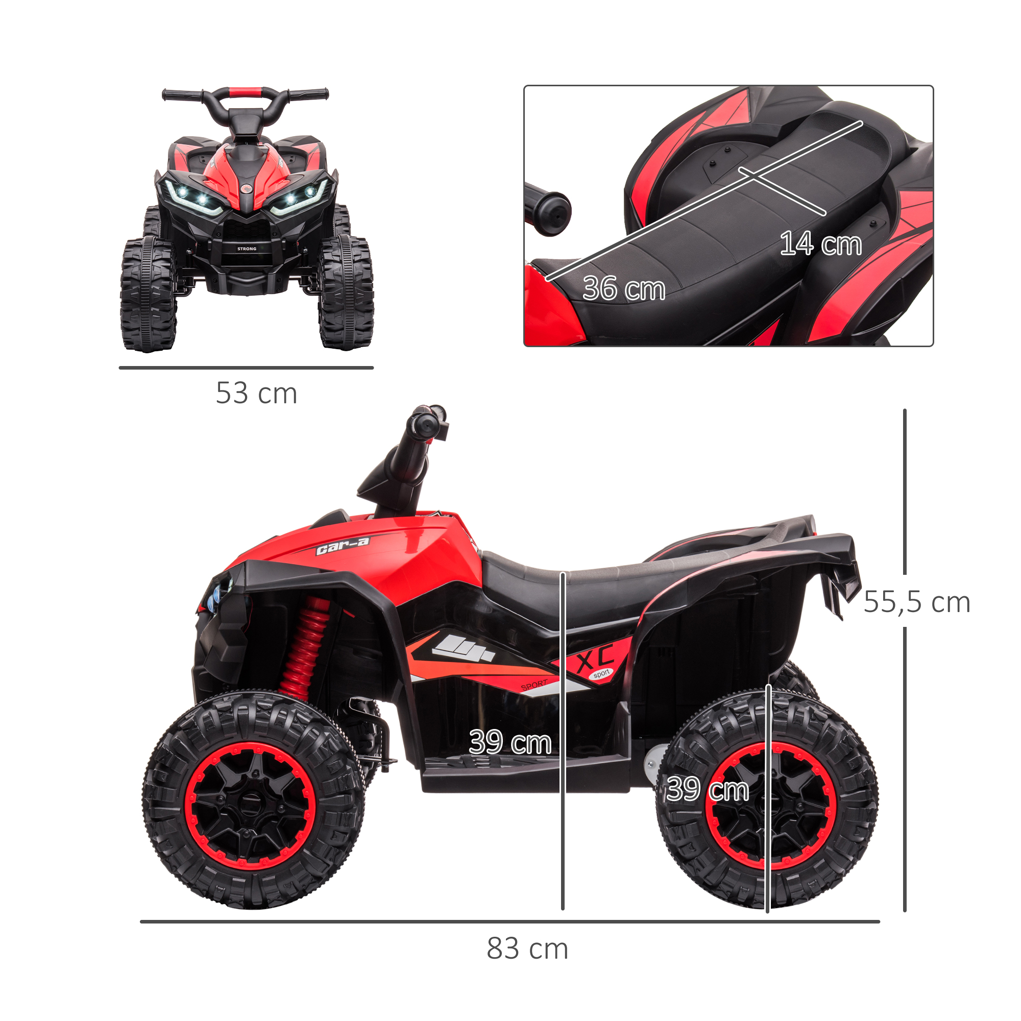 Kinderquad, LED-Scheinwerfer, MP3-Player, Stoßdämpfer, ergonomischer Sitz, Rot+Schwarz