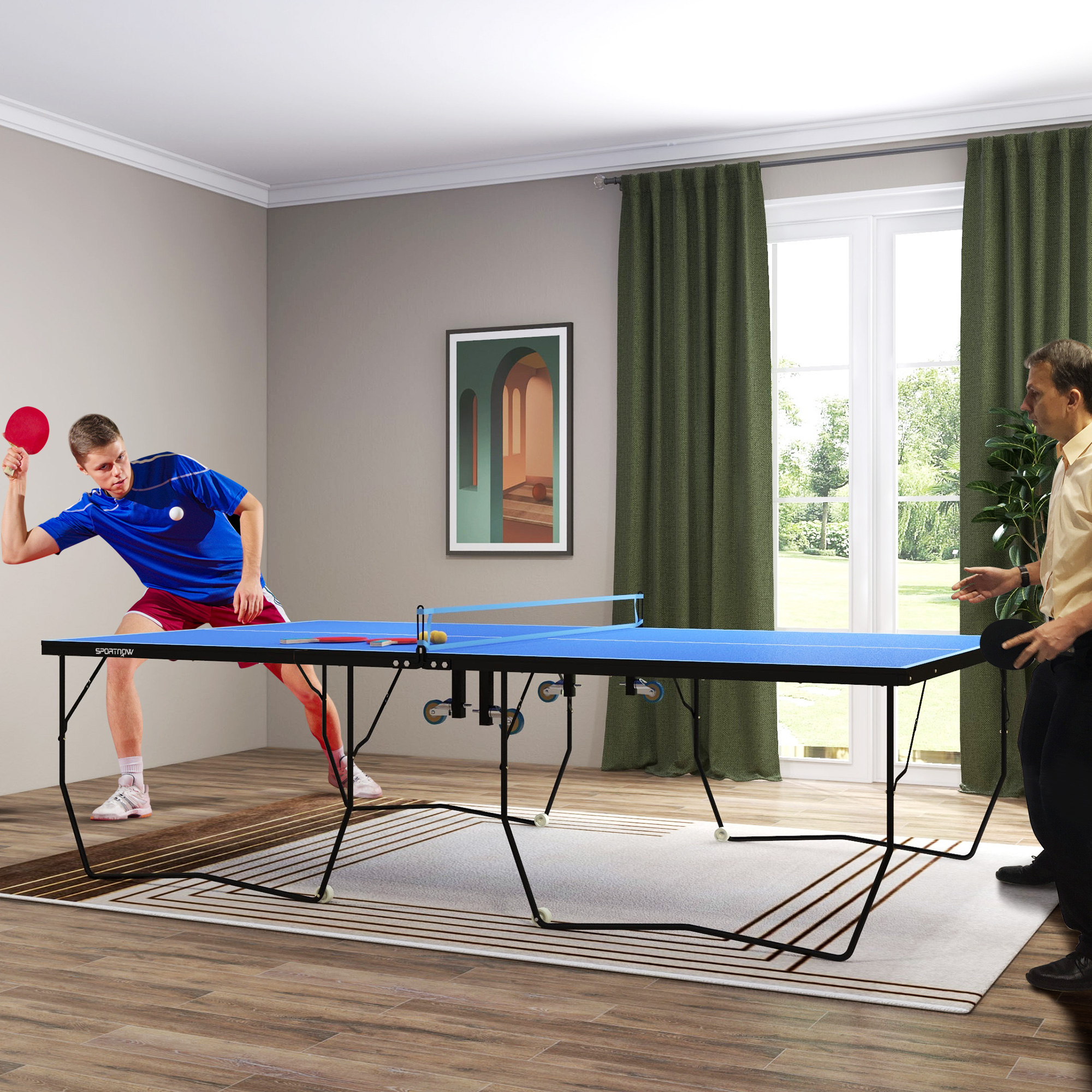 Tischtennisplatte, klappbar, 8 Räder, pulverbeschichteter Stahlrahmen, MDF, 274 x 152,5 x 76 cm, Blau
