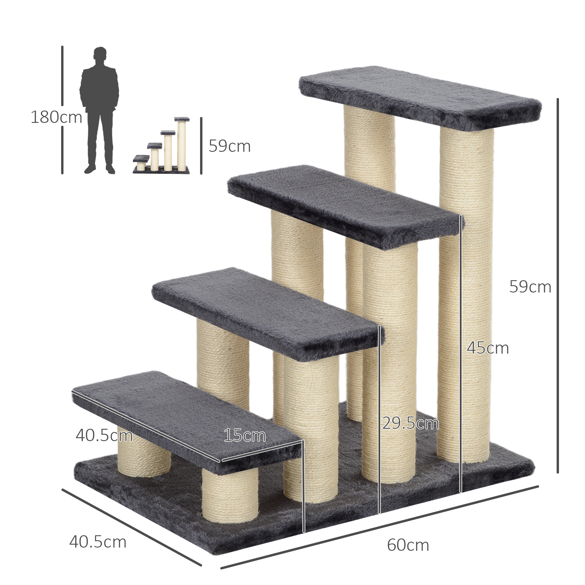 Hundetreppe 4 Stufen 59 cm Hoch Haustiertreppe für Katze und Hunde Hunderampe Katzentreppe Einstiegshilfe für Bett, Sofa, Couch Grau