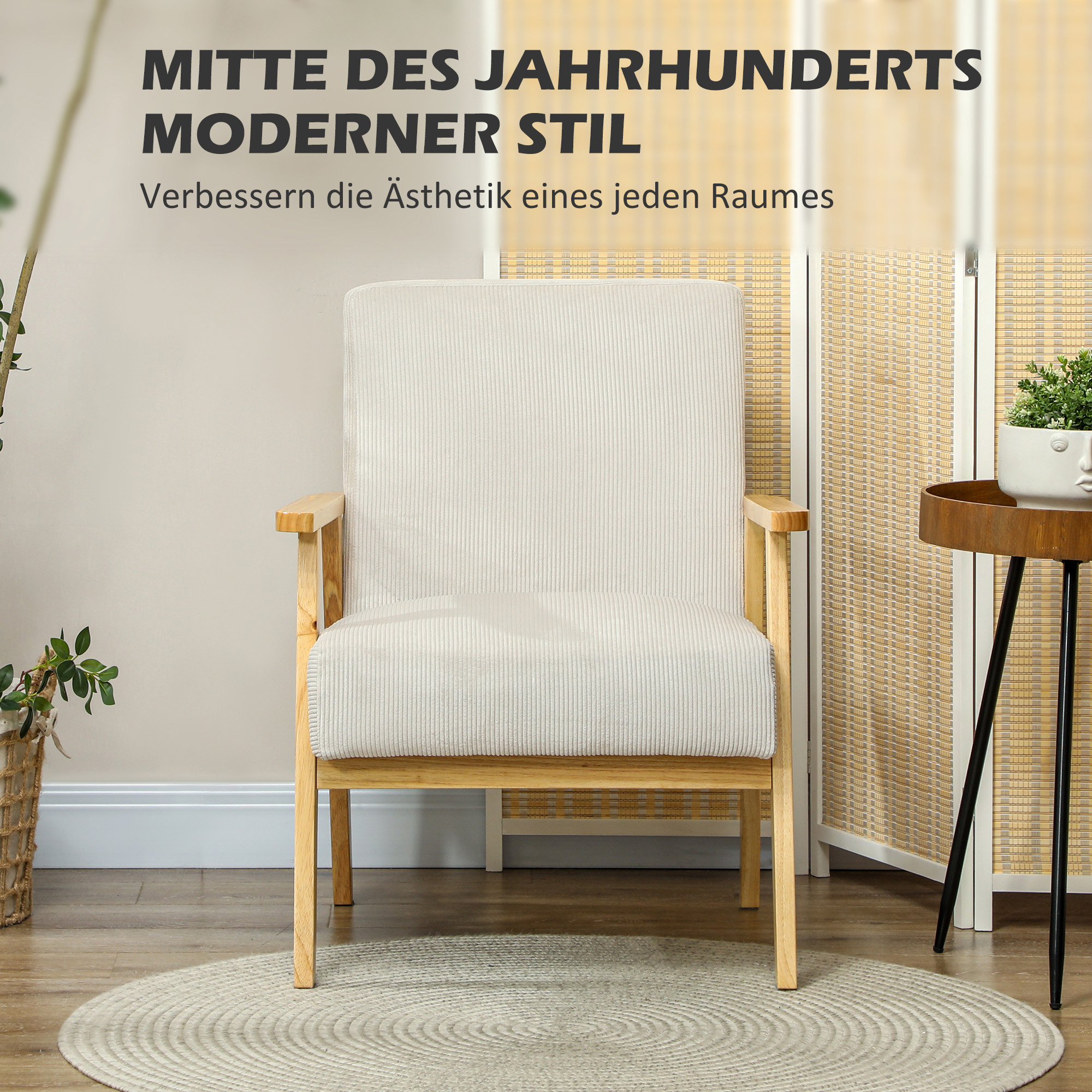 Moderner Sessel mit Armlehnen, mit Stoffbezug, aus Kautschukholz, Akzentsessel, trägt 120 kg, Cremeweiß