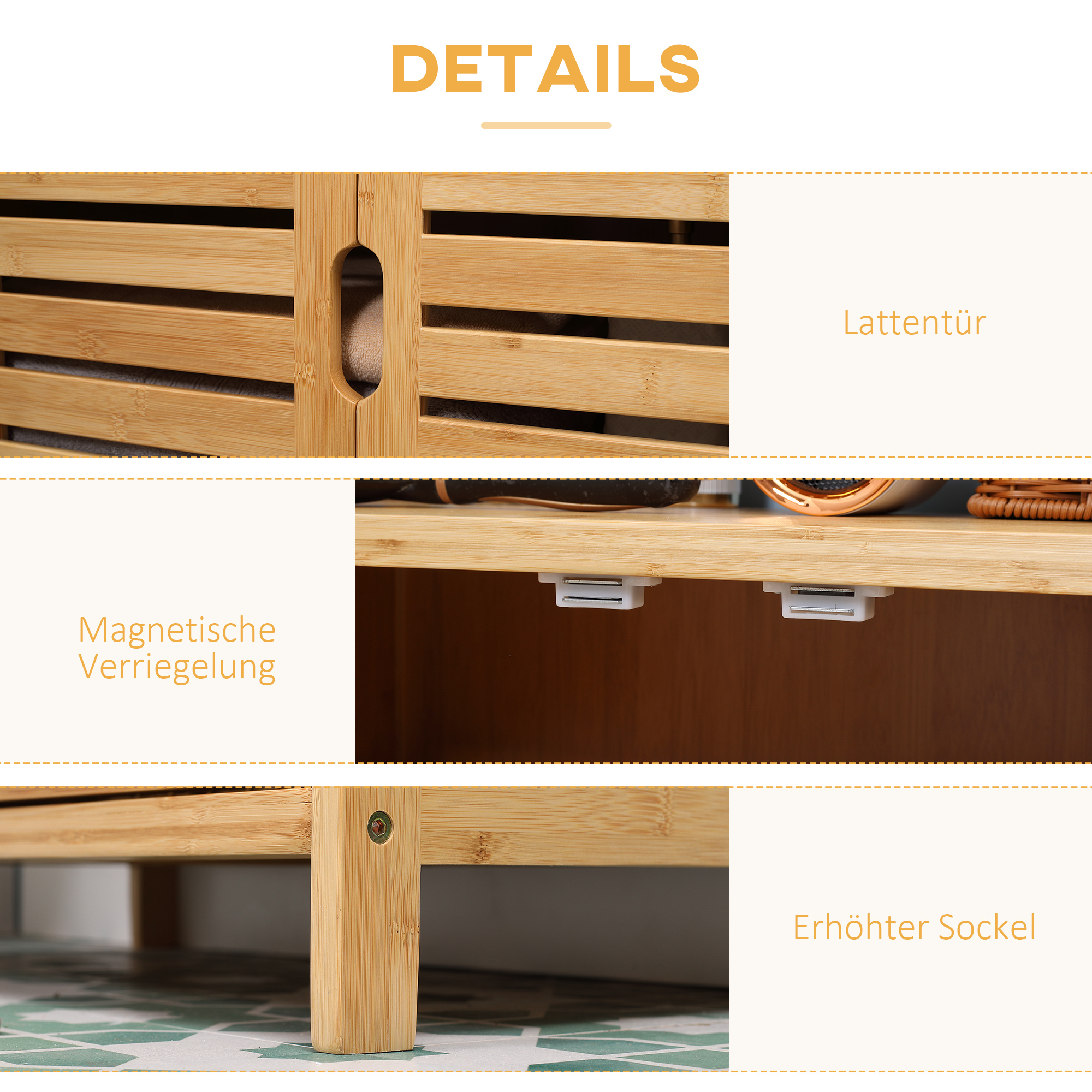 Badezimmerschrank, Badezimmerkommode mit Lamellentüren, Badregal, Bambusholz, Naturholz