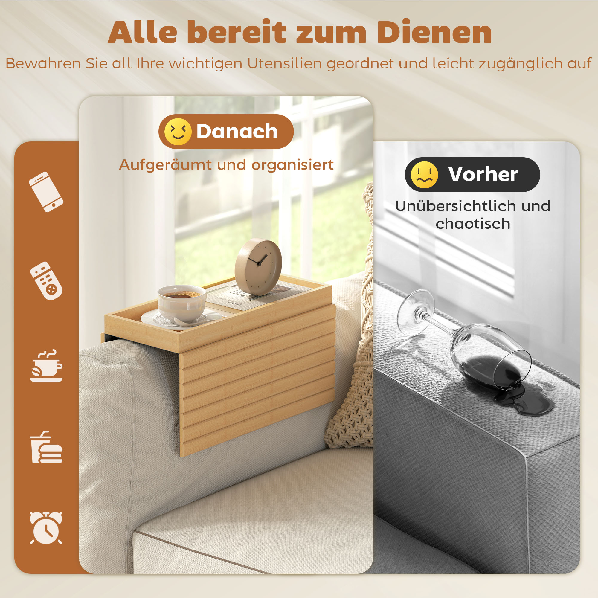 Armlehnen-Tablett für Sofas, für Getränke, Snacks, Fernbedienung, Bambusholz