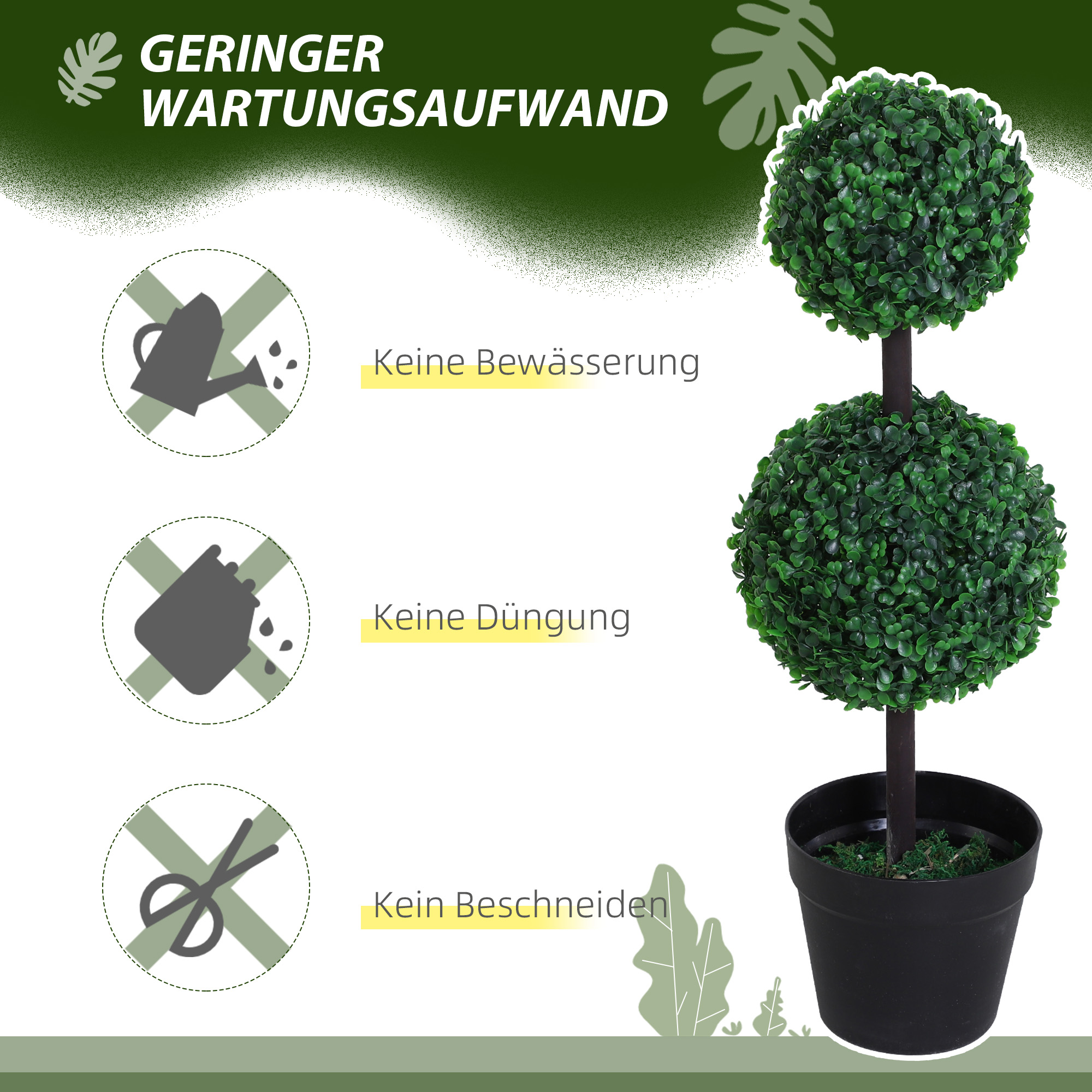 2er-Set Kunstpflanze, Künstliche Pflanzen im Kugeldesign, Kunstbaum im Zementtopf, Kunststoff-Pflanze, Grün+Schwarz