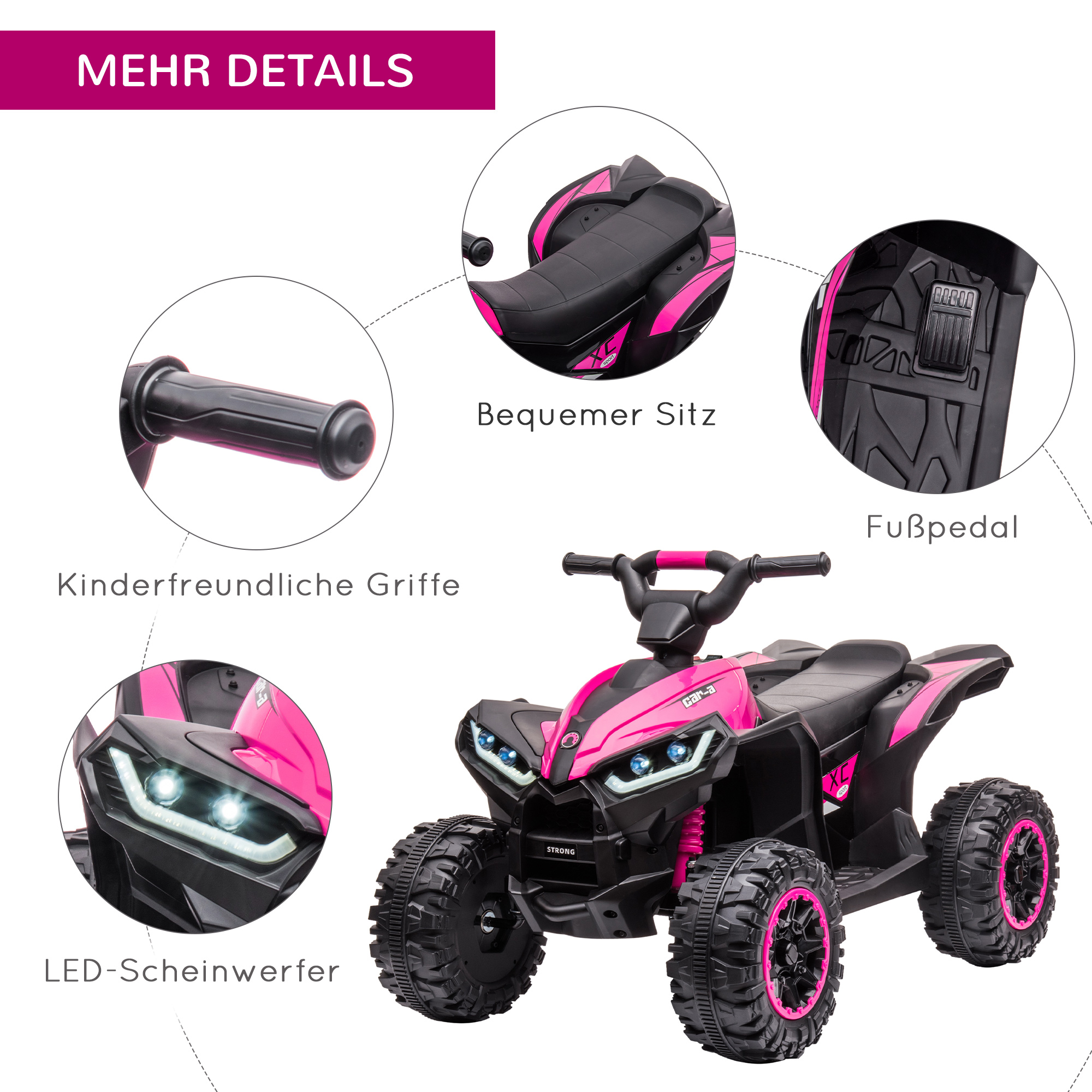 Kinderquad, 3-6 km/h, Licht/Musik, für 3-5 Jahre, bis 25kg, Rosa/Schwarz