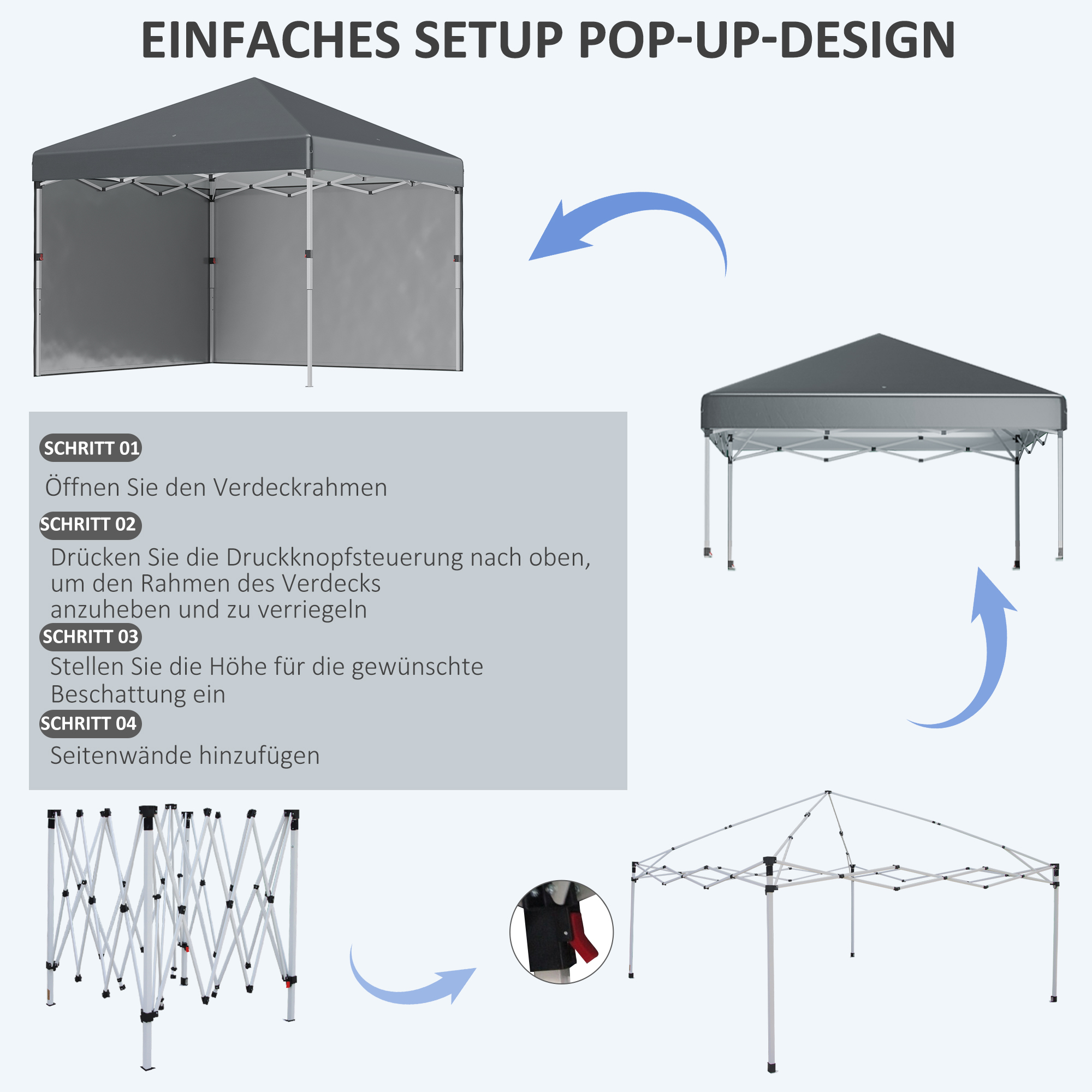 Faltpavillon, 2 Seitenwände, höhenverstellbar, mit Transporttasche, rostfreies Stahlgestell, 3x3 m, Dunkelgrau