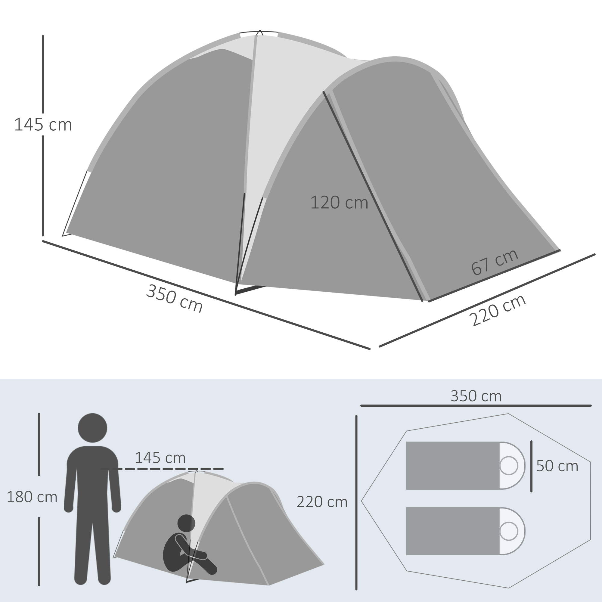 Campingzelt für 2-3 Personen Glasfaser Tür mit Reißverschluss Meshfenster inkl, Transporttasche Kuppelzelt 190T Kunstleder2000mm Glasfaser Grau