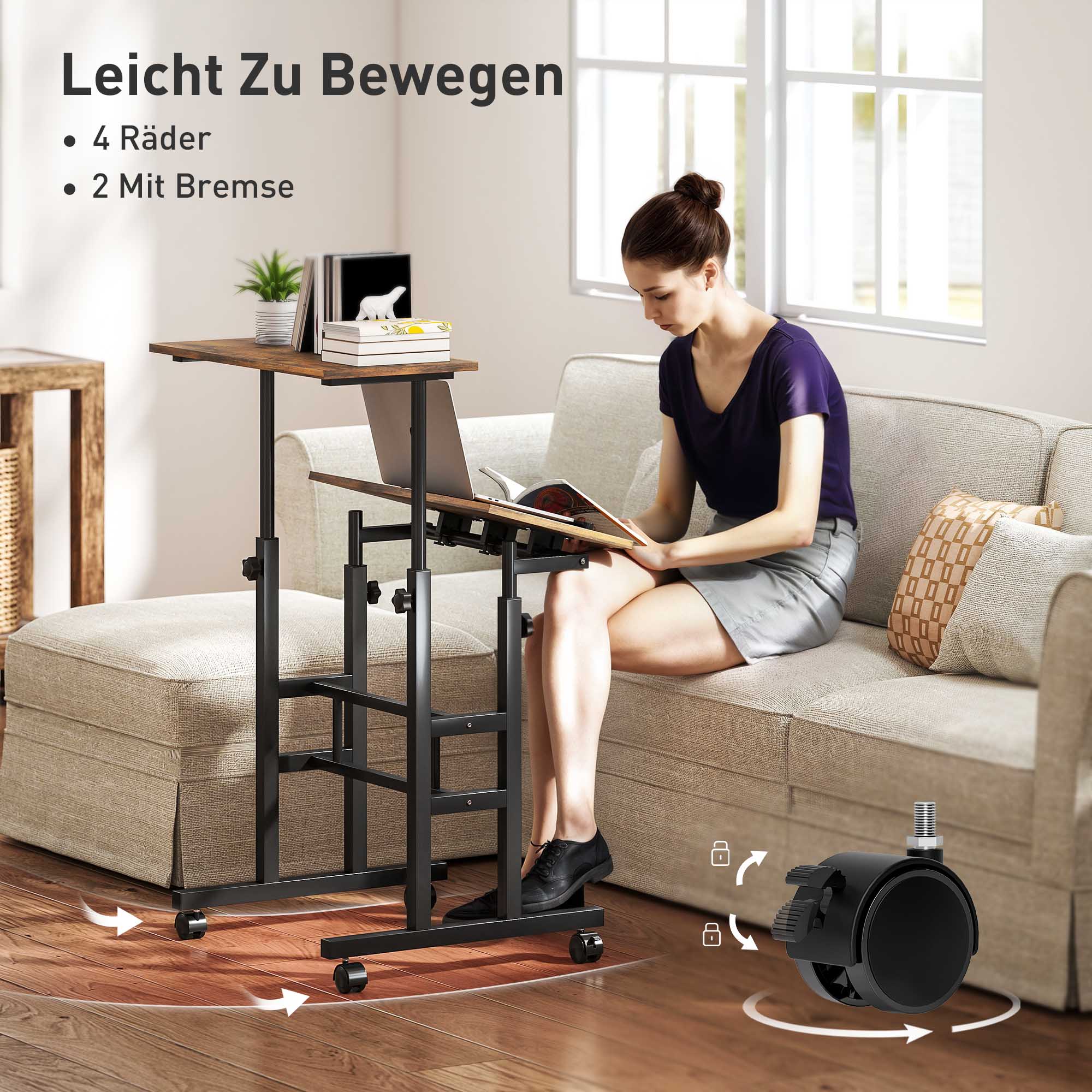 Schreibtisch, höhenverstellbar, Küchentisch mit Regal, Rollen, Computertisch Rustikal Braun 60 x 60 x 70,5-120 cm