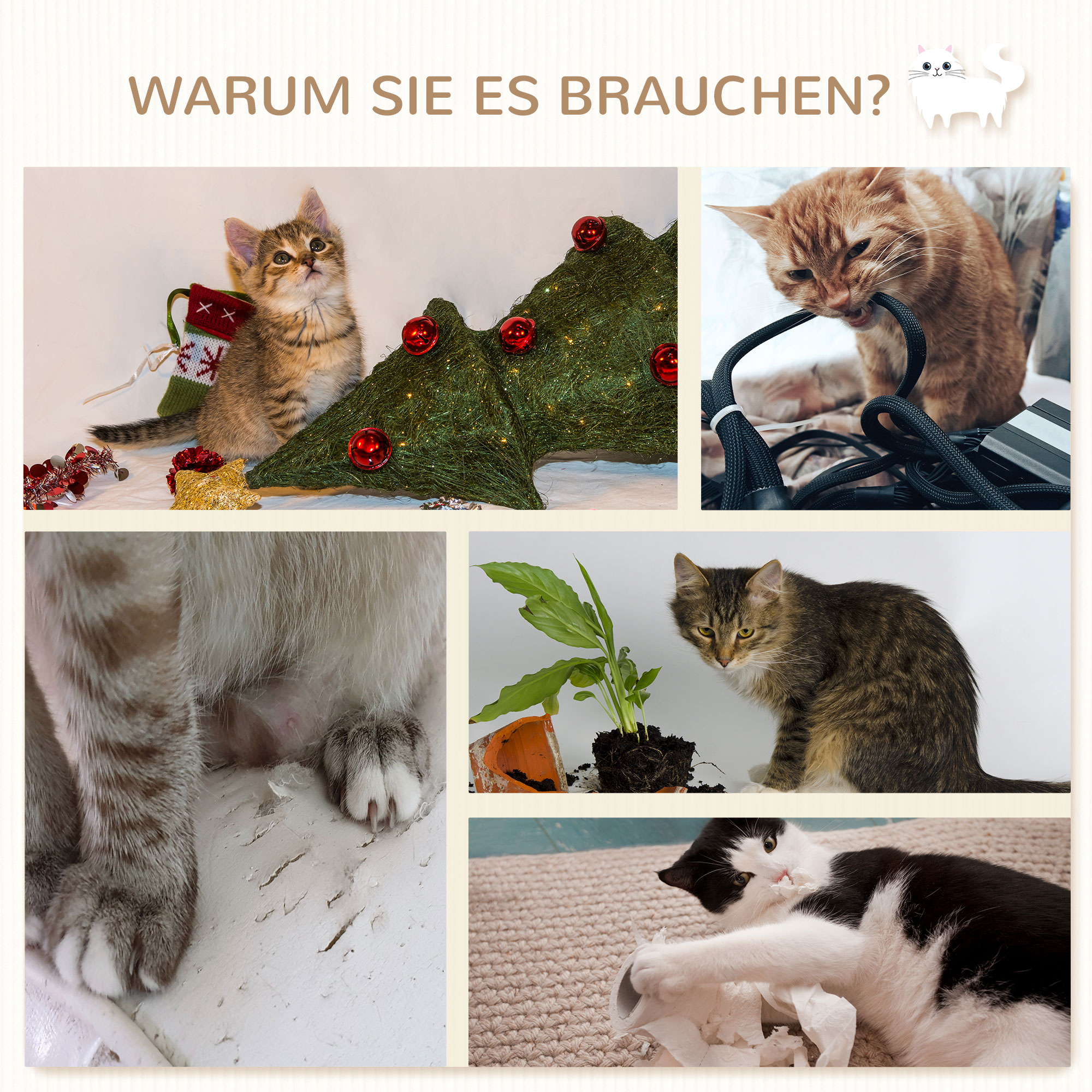 Kletterstufen, Kletterwand, Katzentreppe, 4-tlg, Set, mit Kratzbaum, Hängematte, beige+cremeweiß, 40 x 28 x 73cm