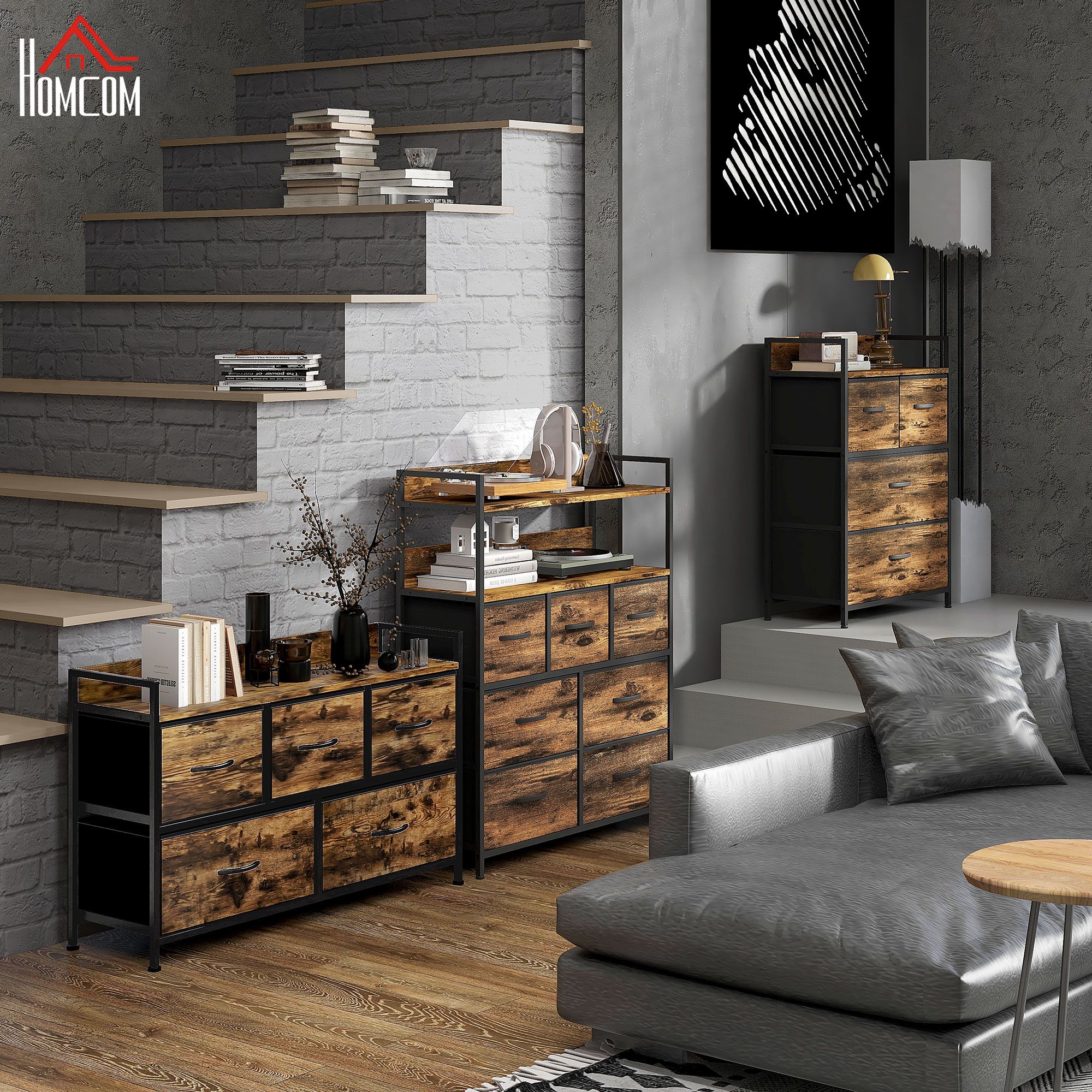 Kommode mit faltbaren Stoffschubladen, Melaminholz, Stahlrahmen, Braun