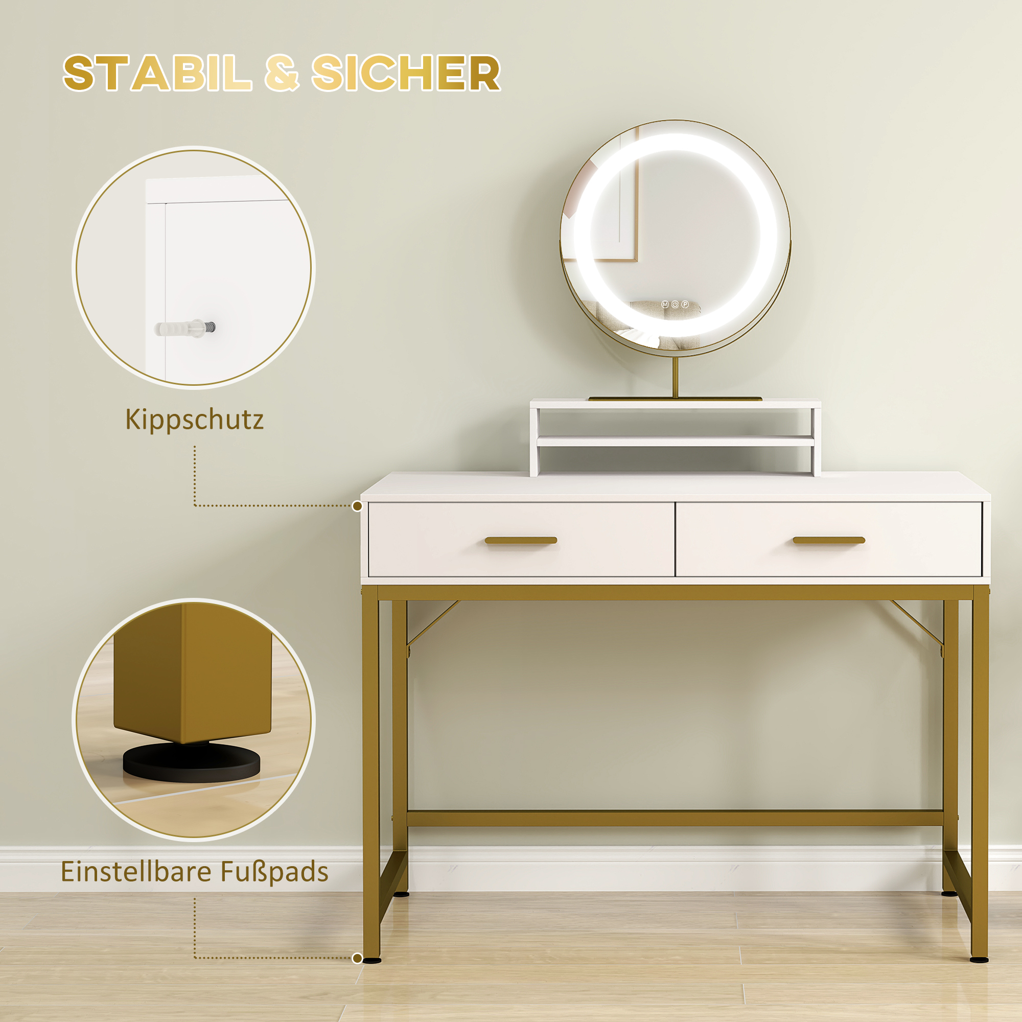 Kosmetiktisch mit 360° Spiegel, LED-Beleuchtung, 2 Schubladen, Weiß/Gold