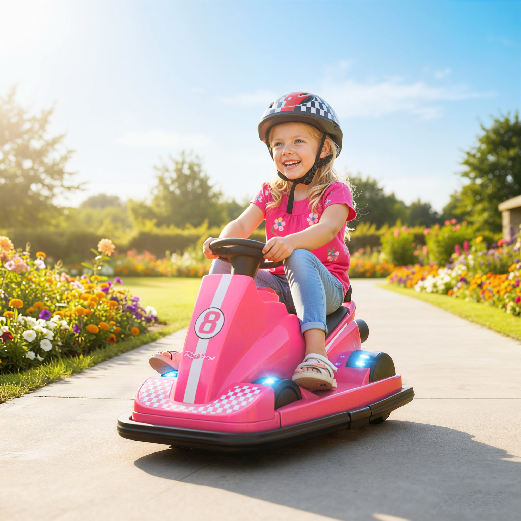 Autoscooter für Kinder, um 360 Grad drehbar, Lenkrad, LED-Lichter, Musikfunktion, 3-8 Jahre, Rosa