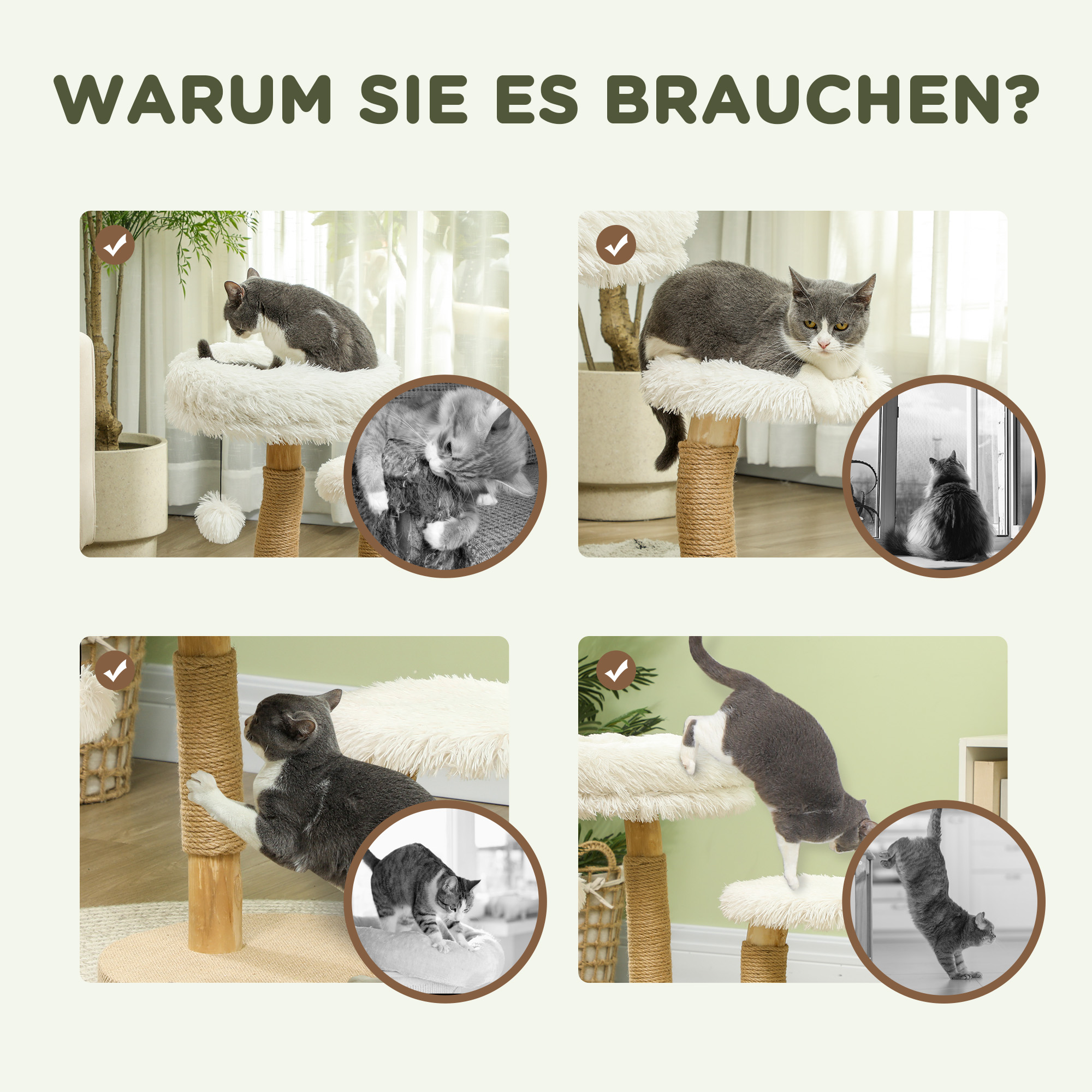 Katzenbaum, 61,5 cm, mit Katzenbett, Kratzpfosten, Sprungplattform, Spielzeugball, für Katzen bis zu 5 kg, Weiß