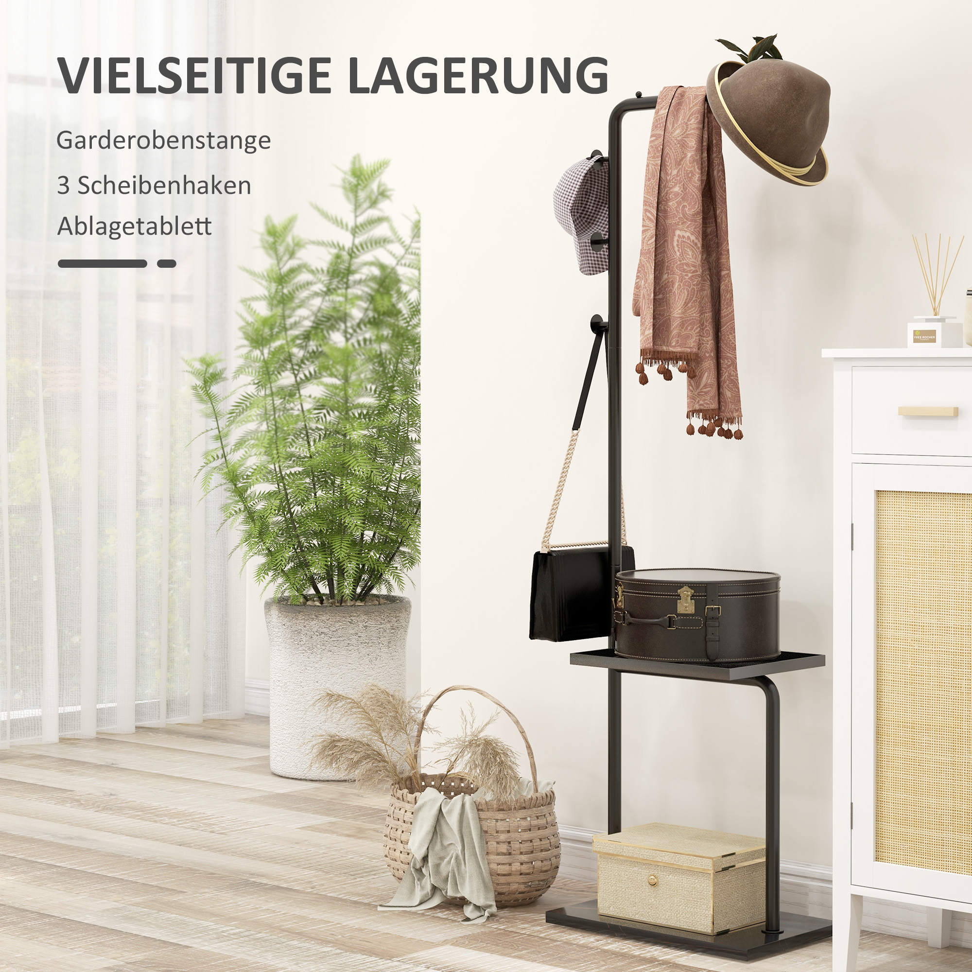 Garderobenständer, Kleiderstange mit Stoppern, 3 Haken, Ablagefach, Kunststeinsockel, Schwarz