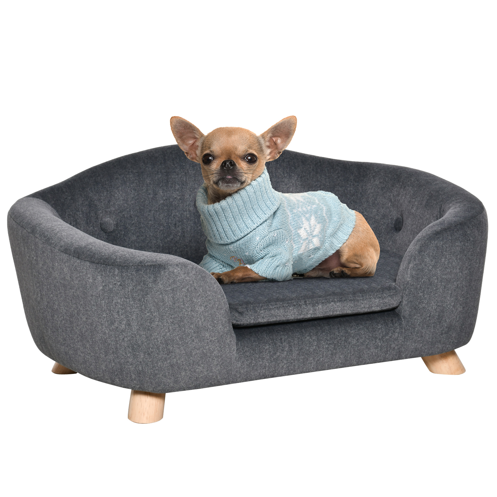 Haustiersofa Hundematte Hundebett Hundesofa Hundecouch Katzen Sofa mit Kissen Rückentasche Plüsch Schaumstoff Kiefernholz Dunkelgrau 70 x 47 x 30 cm