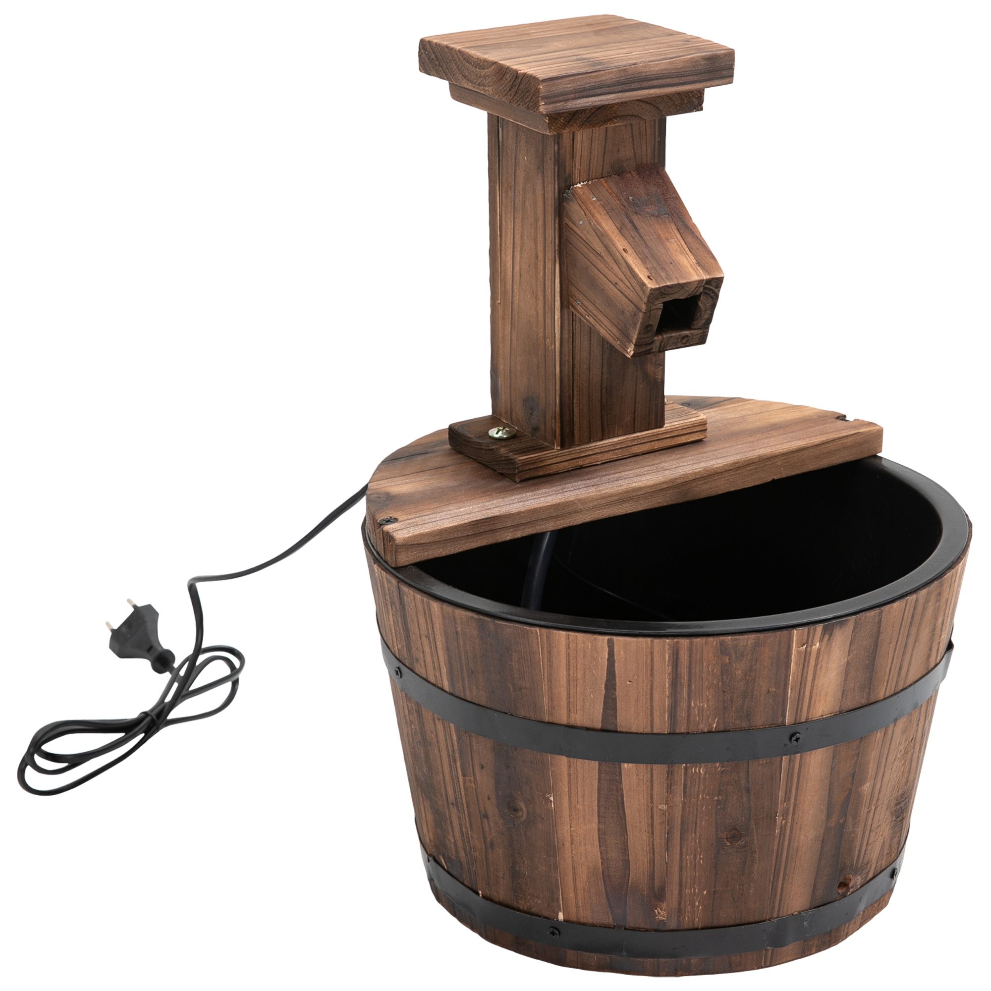 Gartenbrunnen Zierbrunnen Springbrunnen Fassbrunnen Wasserfall Holzeimer Tannenholz + Metall Dunkelbraun Ø27 x 37 cm