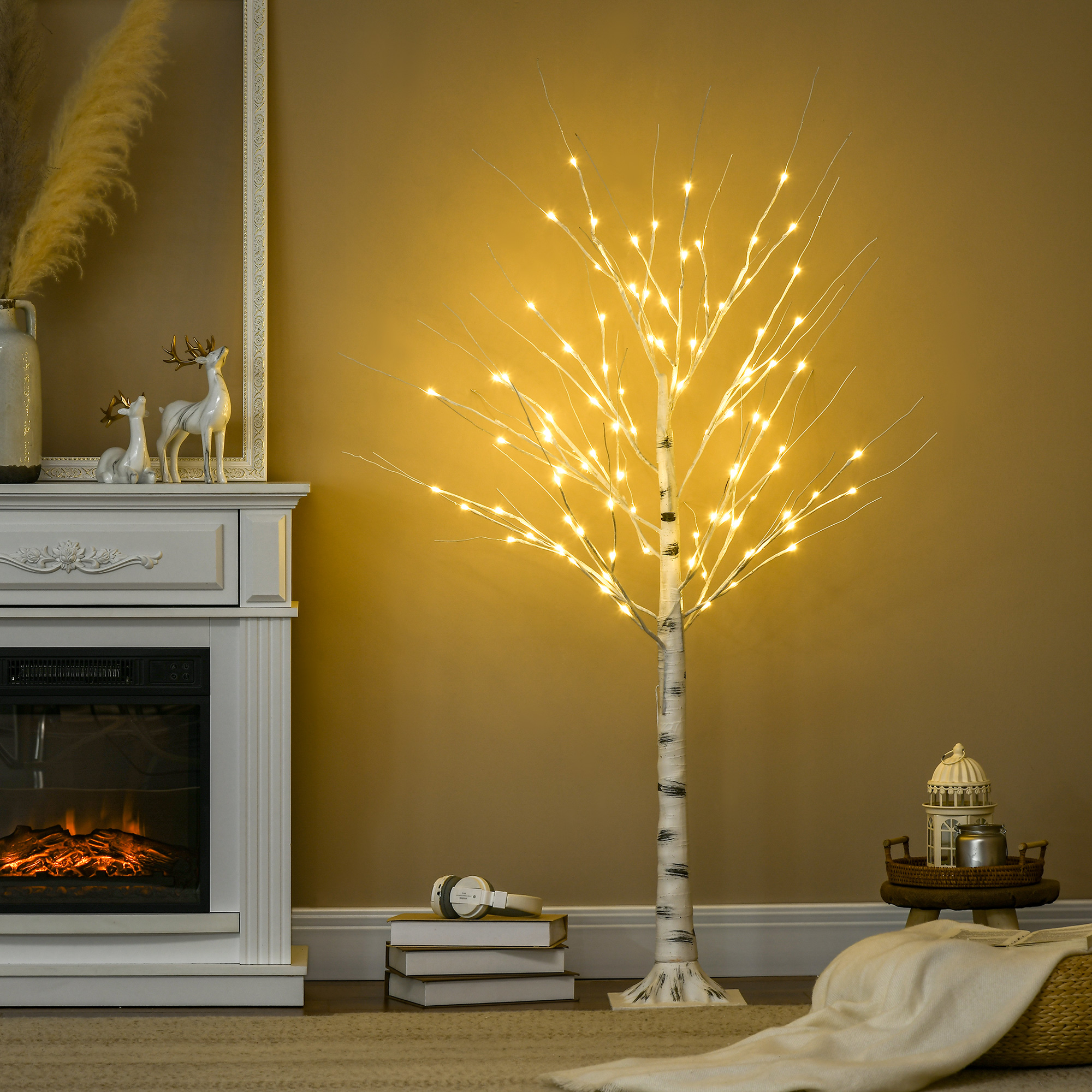 Künstliche Birke mit LEDs, biegsame Äste, Kunststoff und Metall, 150 cm, Weiß
