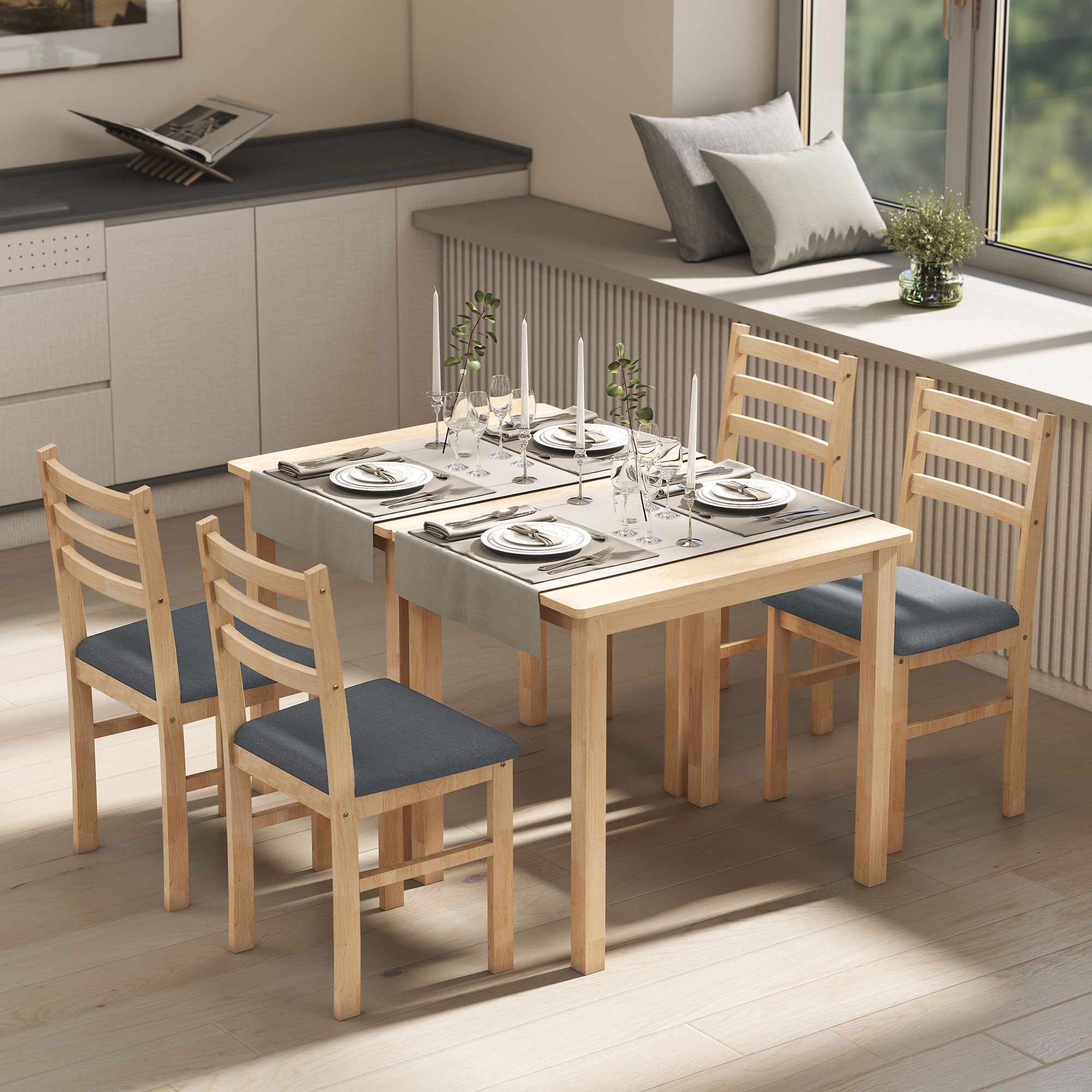 3-teiliges Esstisch-Set mit 2 Stühlen, Küchentisch für kompakte Räume, gepolsterte Stühle, platzsparend, MDF, Naturholz