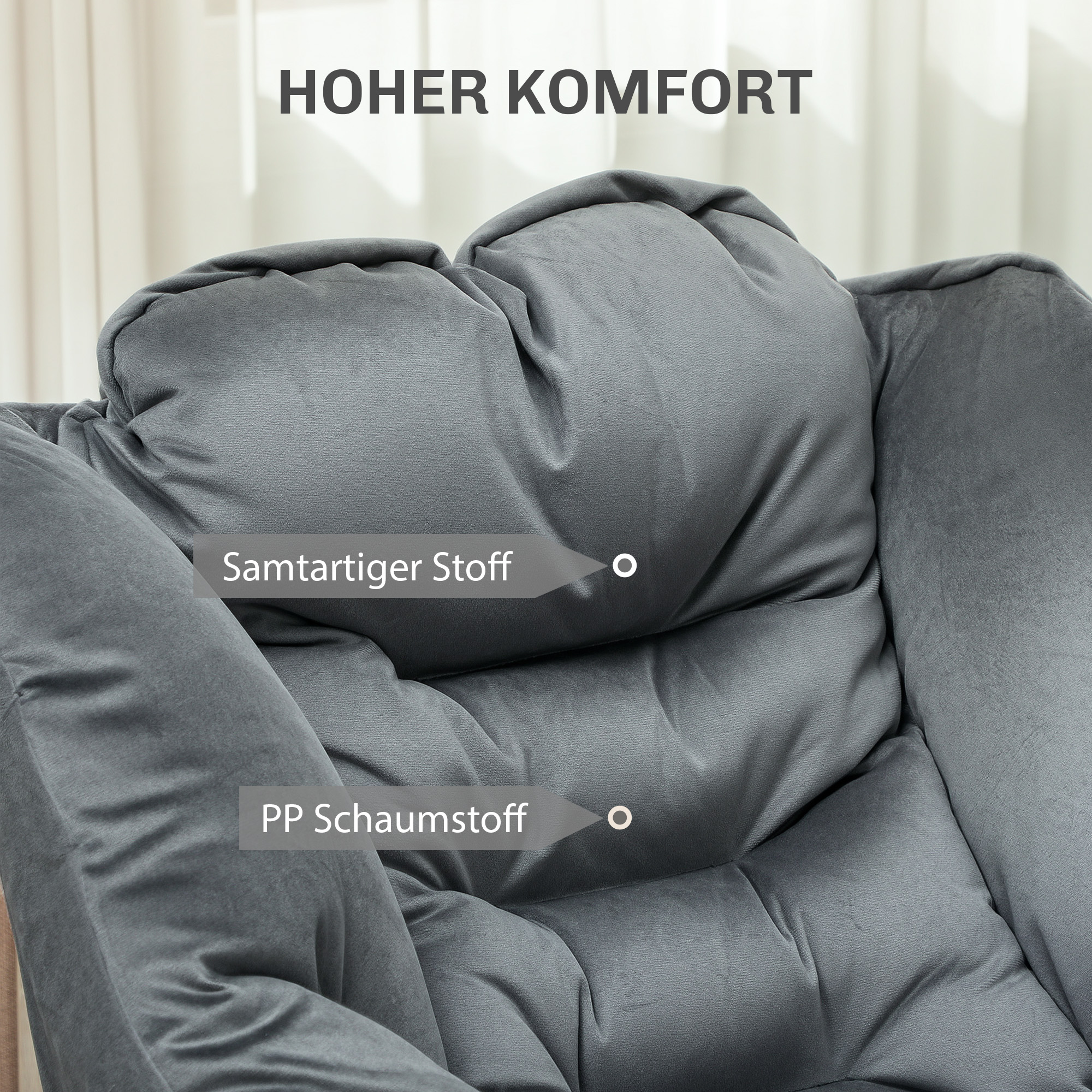 Moderner Akzentstuhl, Polsterstuhl mit Stahlbeinen und Seitentaschen, für Wohnzimmer, Schlafzimmer, Grau