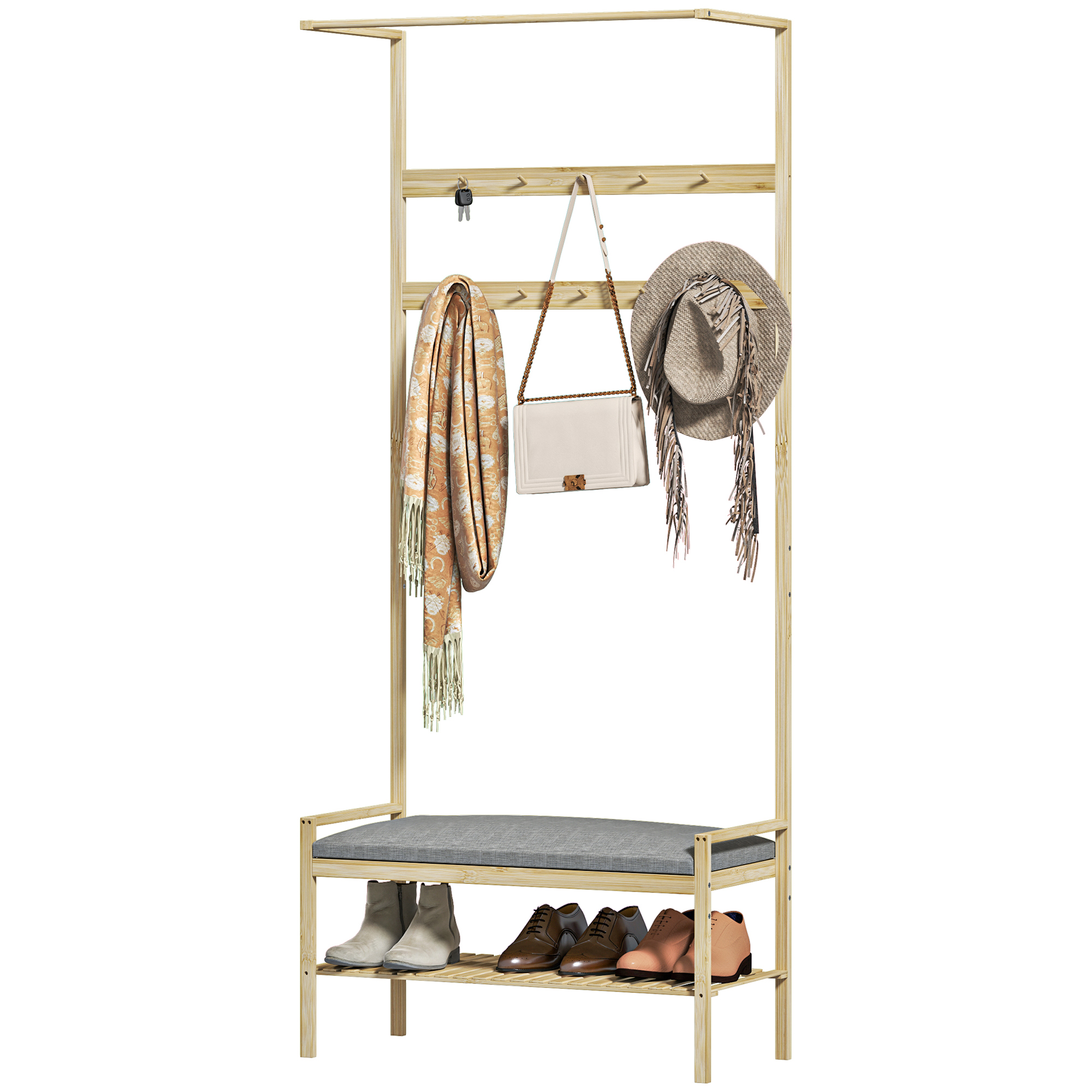 Garderobe mit Schuhbank, Kleiderstange, 10 Kleiderhaken, Schuhablage, Bambus