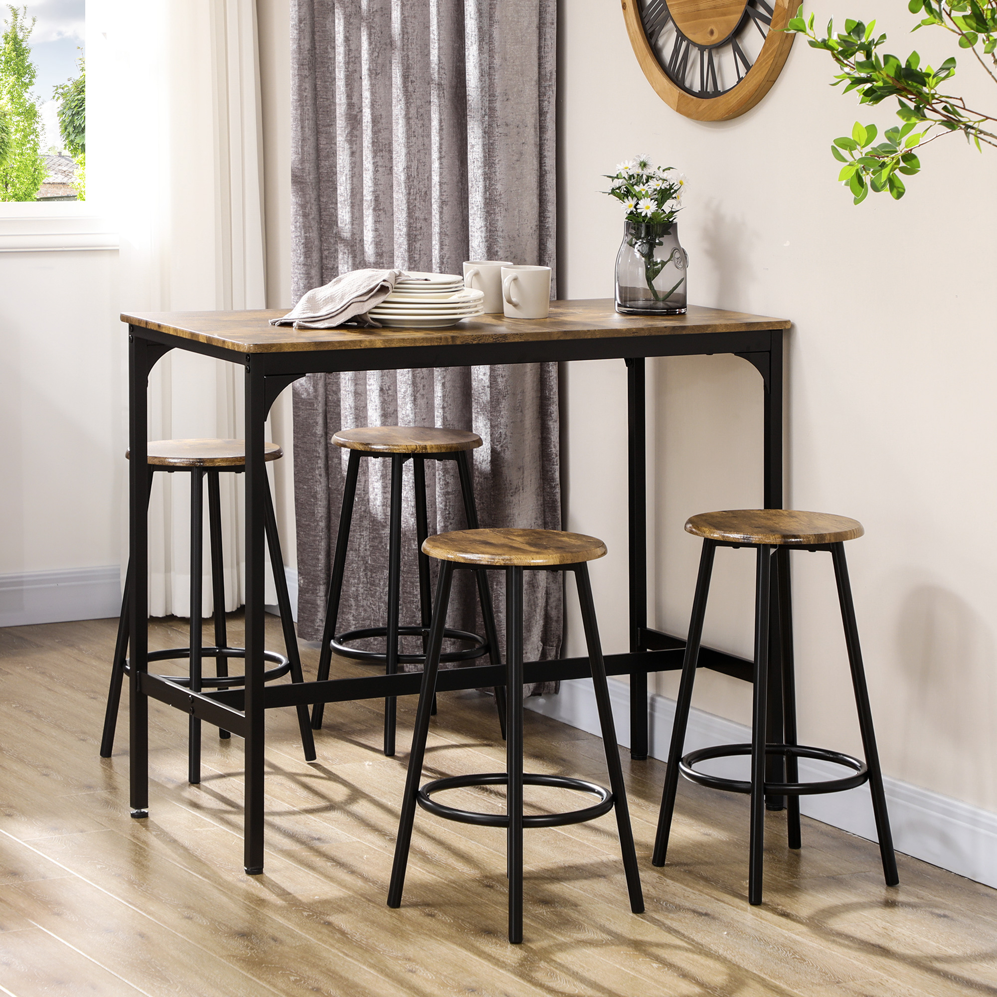 5-tlg, Bartisch-Set im Industriedesign, 1 Bartisch, 4 Barhocker, Sitzgruppe, Küchentresen, Schwarz + Braun