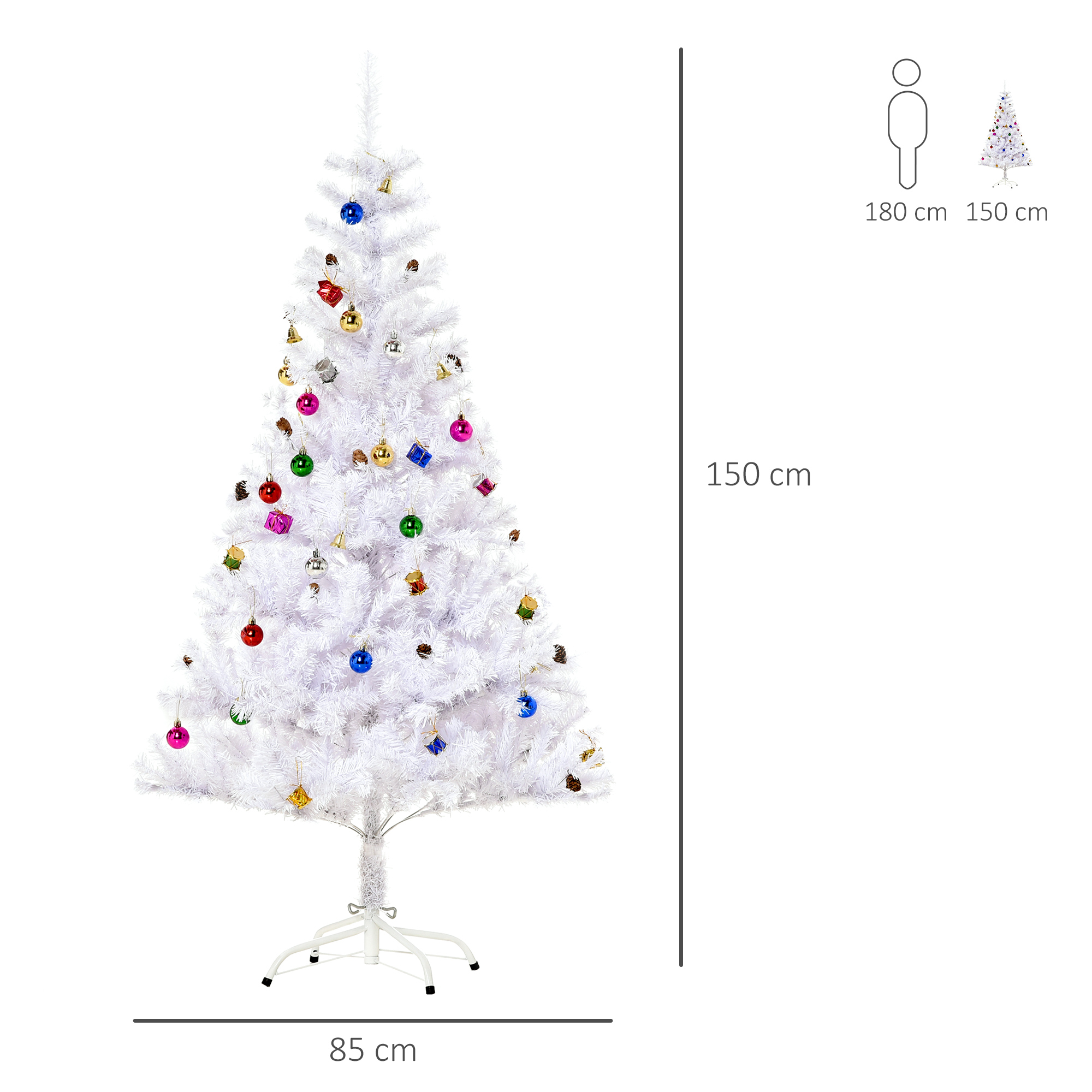 Weihnachtsbaum 150 cm künstlich Tannenbaum mit Kugeln, Glocken, Trommeln, Geschenkboxen, Christbaum mit 680 Spitzen, 12 Tannenzapfen Weihnachtsdeko inkl, Metallständer für drinnen