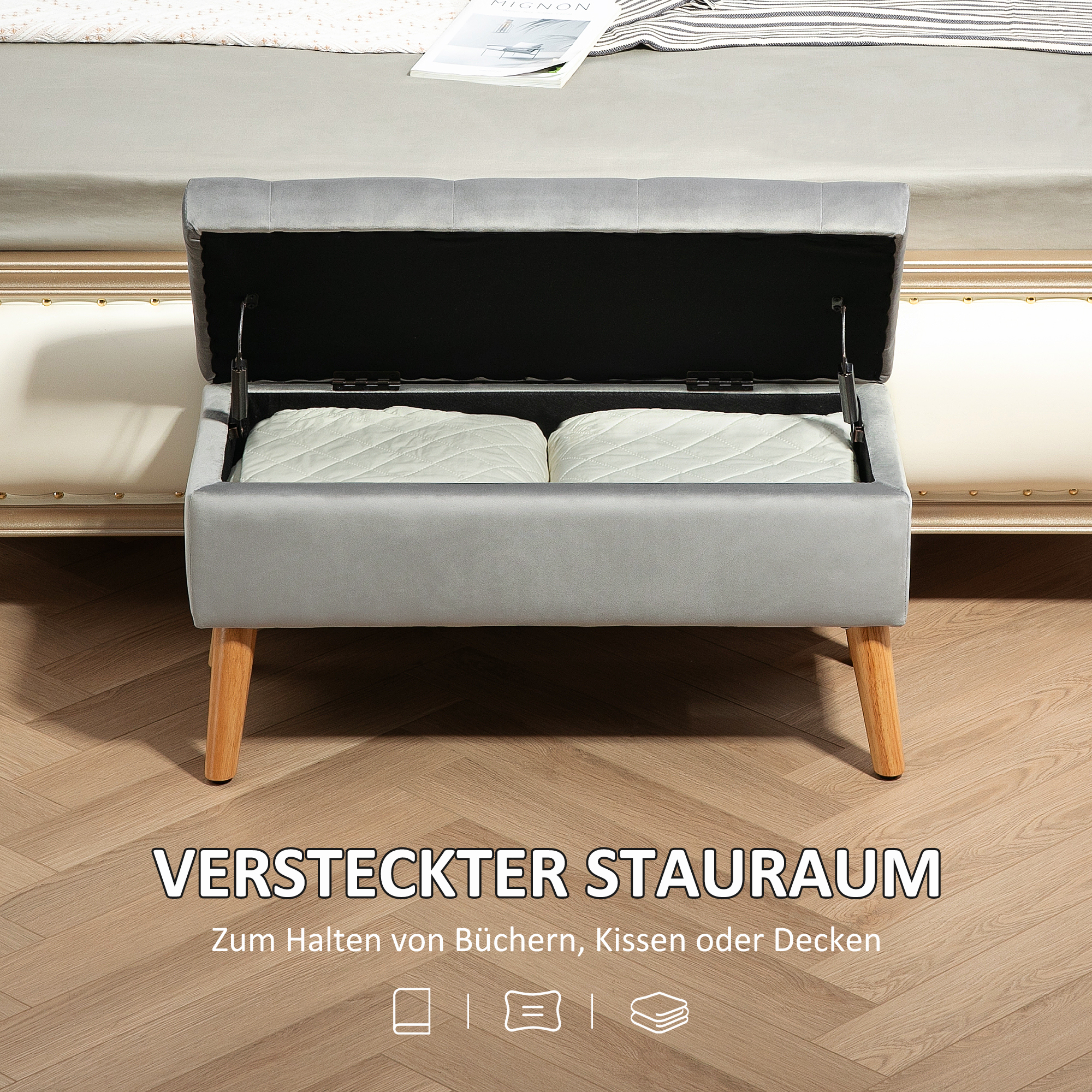 Polsterbank mit Stauraum, Stoffbezug in Samtoptik, Holzbeine, für Wohnzimmer, Schlafzimmer, Flur, 80 x 35 x 40 cm, Grau