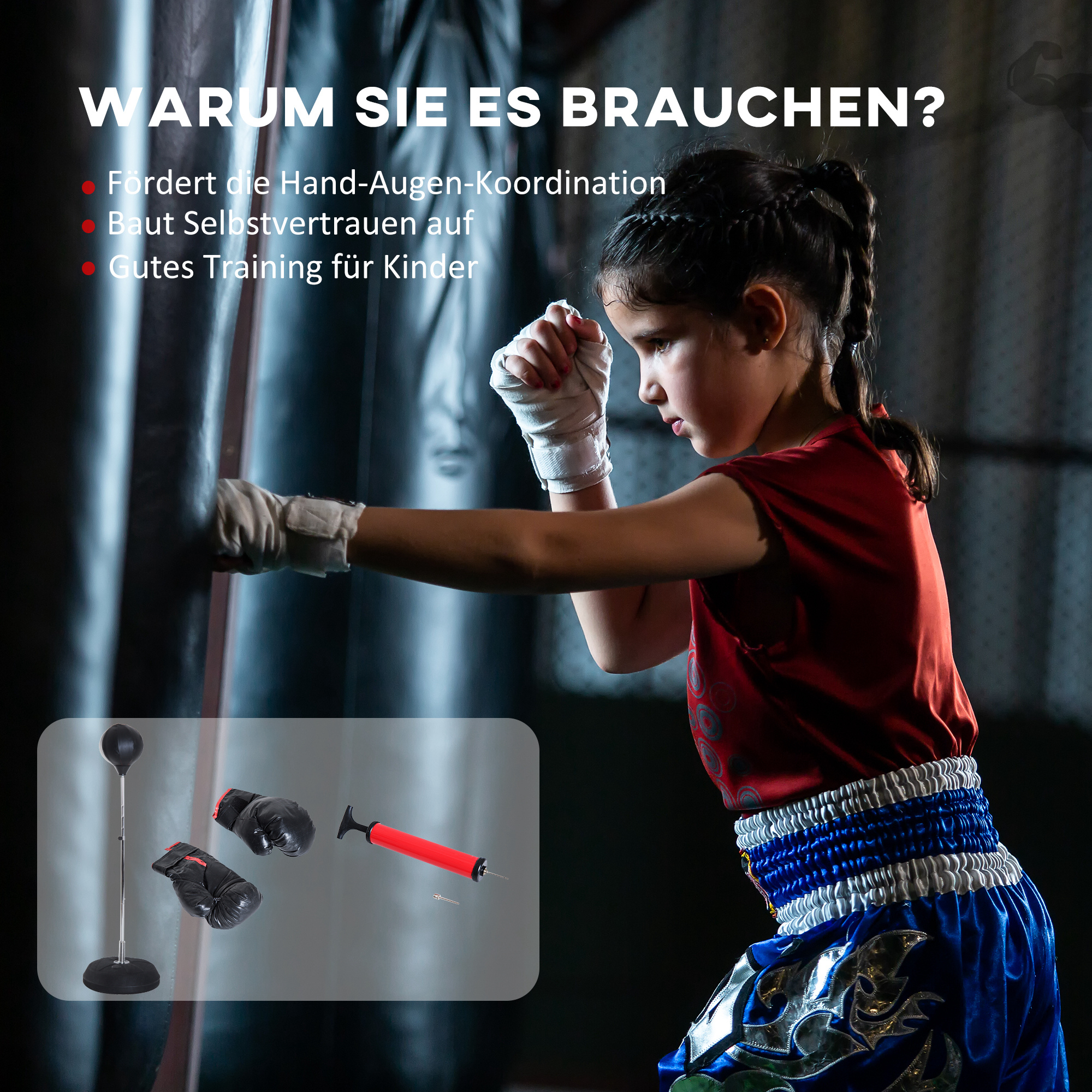 Box-Set mit Punchingball, höhenverstellbar, inkl, Boxhandschuhe, 126-144cm, Schwarz